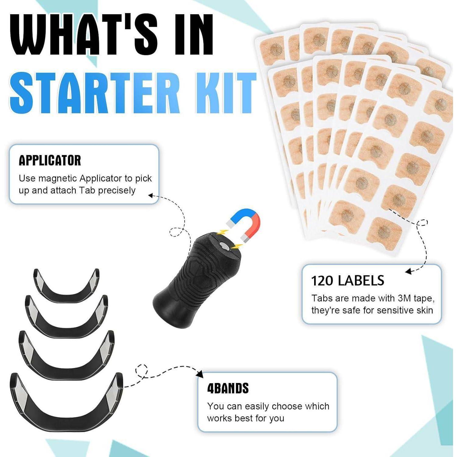 Was im Starter-Kit enthalten ist' umfasst einen Applikator, vier Bänder und 120 Etiketten. Die Etiketten verfügen über 3M-Klebeband und sind für empfindliche Haut geeignet.