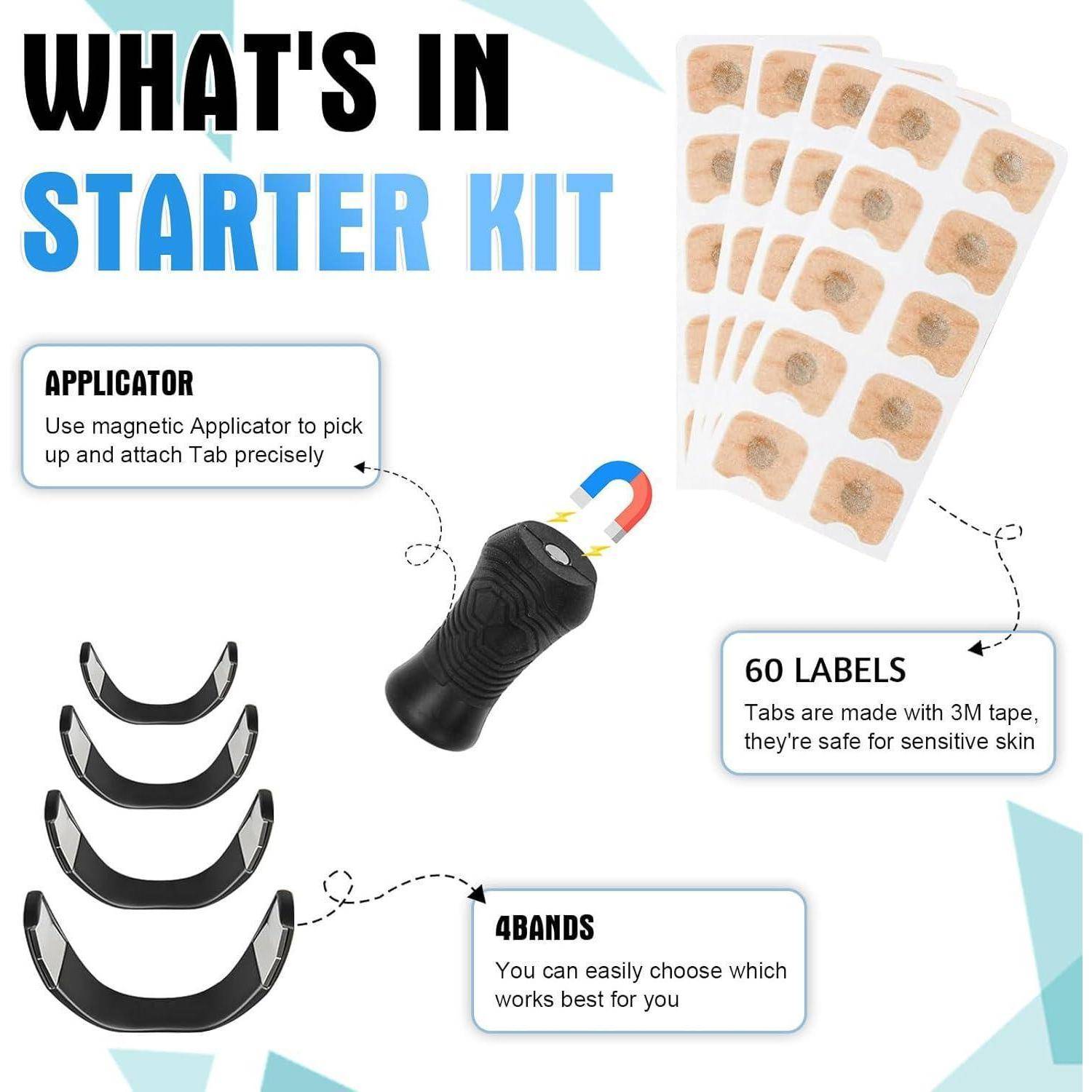 Was befindet sich im Starter-Kit - Bild zeigt einen Applikator, 60 Etiketten mit 3M-Klebeband für empfindliche Haut und 4 Bänder für verschiedene Verwendungszwecke.