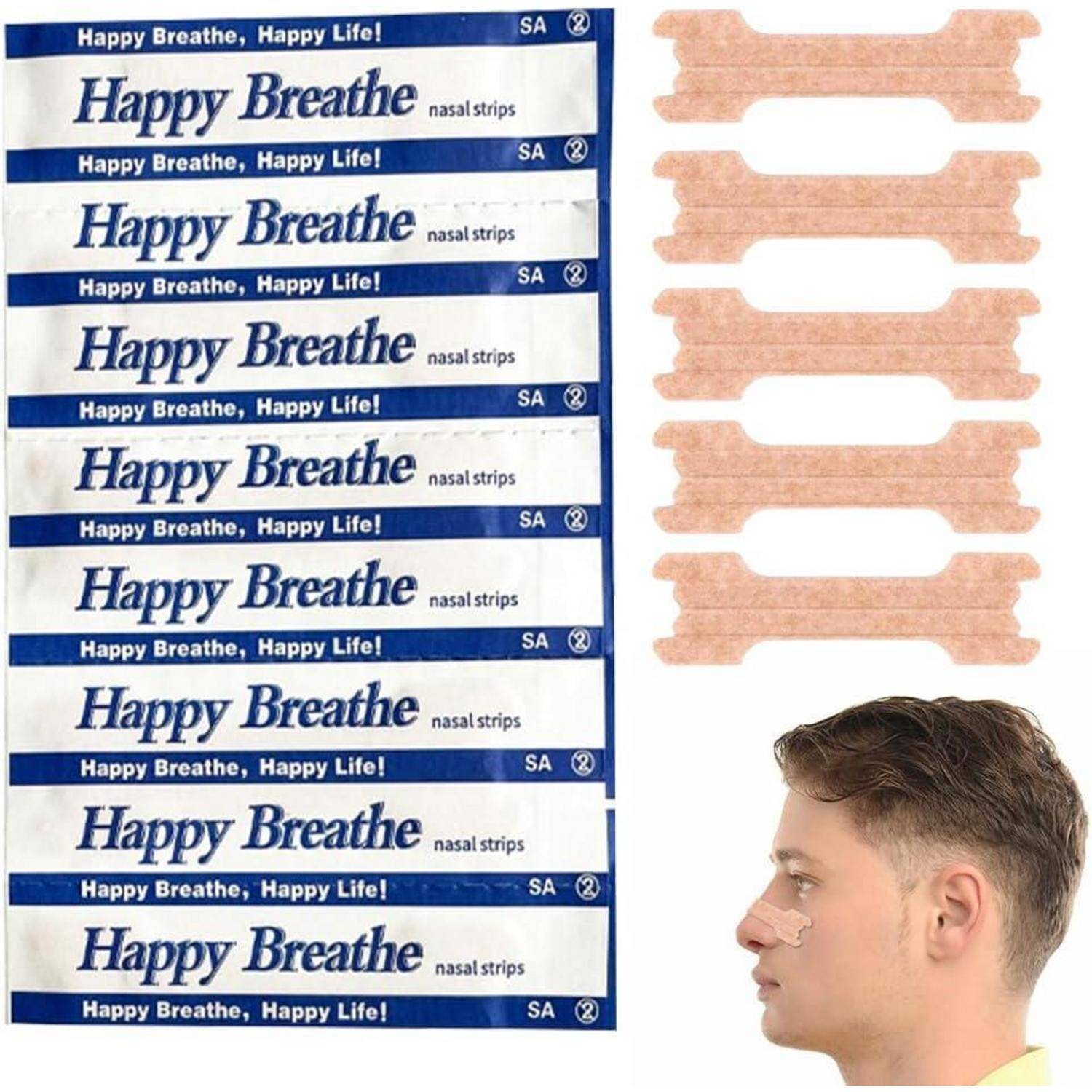 Nasenpflaster für besseres Atmen, dargestellt mit Verpackung und einem Beispiel der Anwendung auf der Nase einer Person.