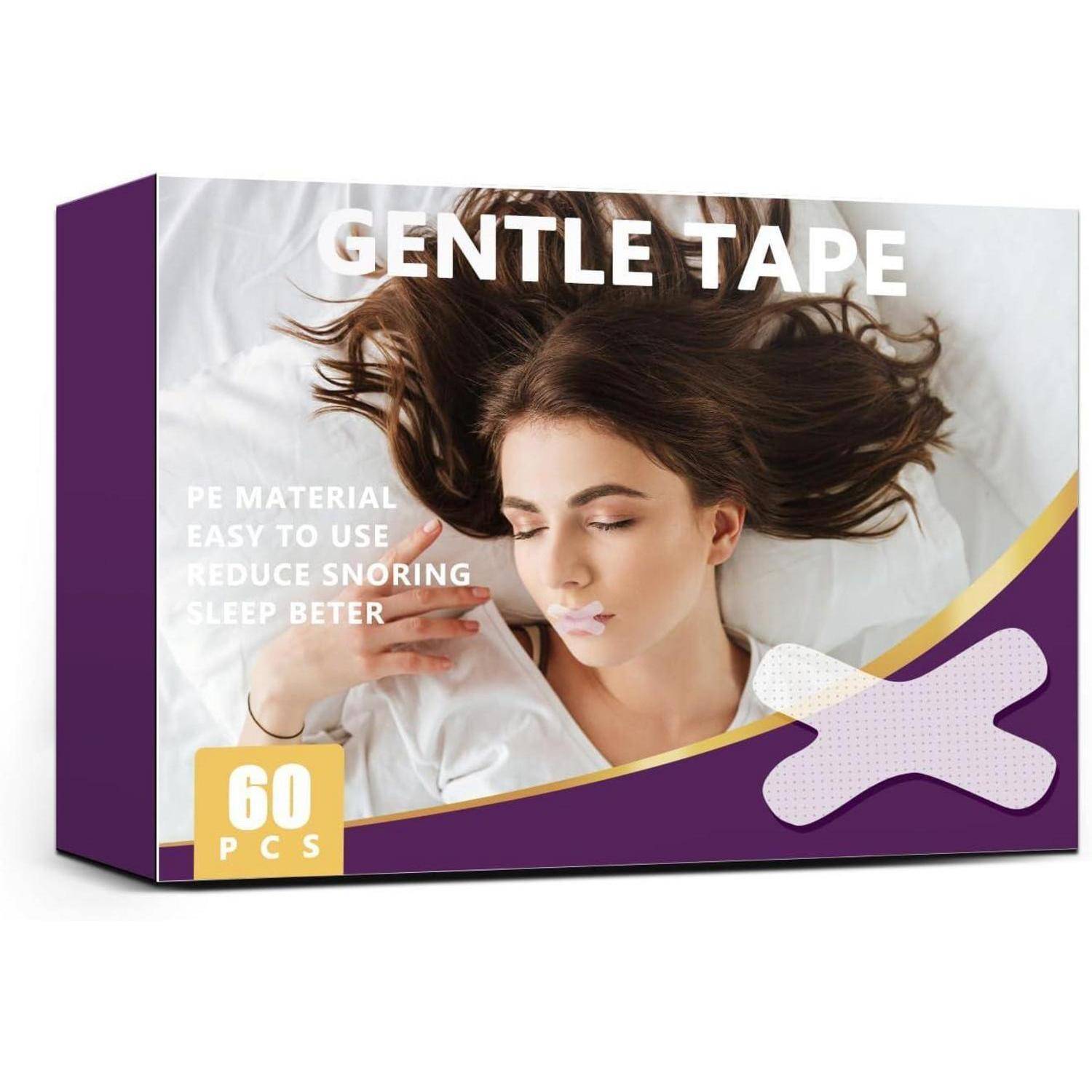 Packung 'Sanftes Tape' mit Bild einer schlafenden Frau, die reduziertes Schnarchen und verbesserten Schlaf bewirbt. Enthält 60 Stück.