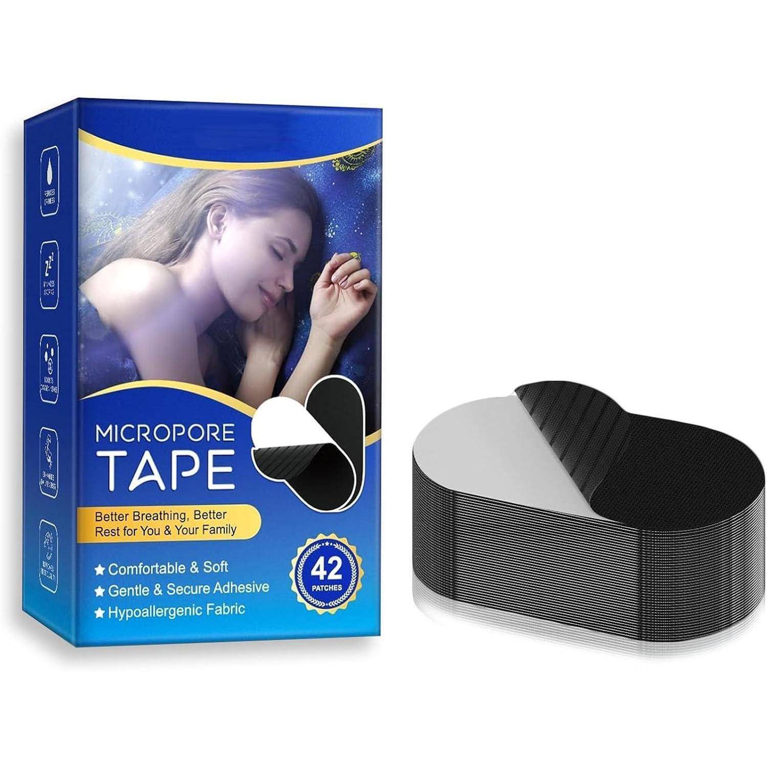 Micropore Tape' Verpackung zeigt eine schlafende Frau. Texthervorhebungen betonen Eigenschaften: komfortabel, weich, sanftes Klebeband, hypoallergen. Enthält 42 Stück. Bild zeigt die Rolle des Klebebands.