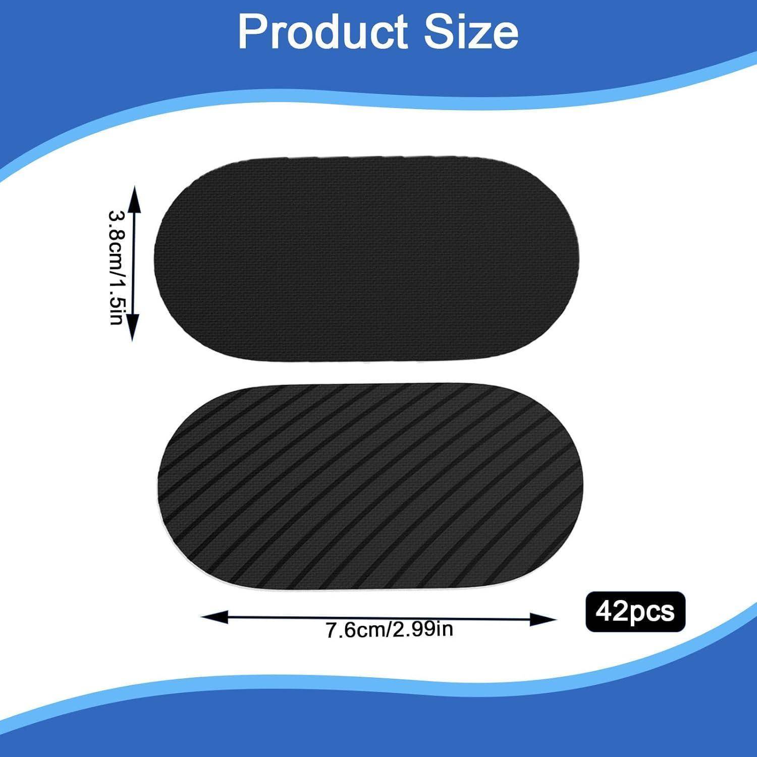 Produktgröße': Zwei längliche schwarze Patches gezeigt. Oberer Patch misst 3,8 cm/1,5 Zoll, unterer Patch misst 7,6 cm/2,99 Zoll. Menge: 42 Stück.