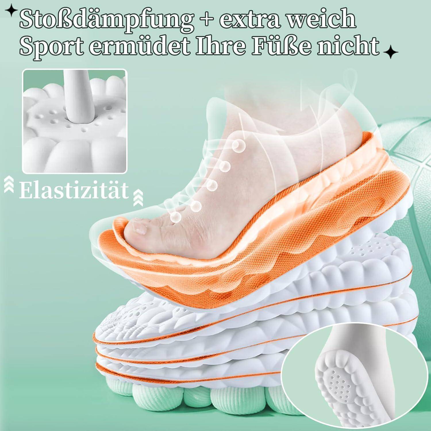 Ein Fuß mit einem weißen Sneaker drückt auf eine gedämpfte Sohle. Text auf Deutsch hebt Stoßdämpfung und Elastizität hervor.