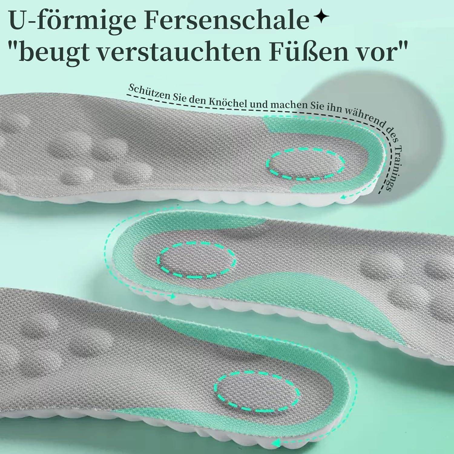Einlagen mit einer U-förmigen Fersenpolsterung zum ‚Verhindern von Fußverstauchungen'. Mit sichtbarer strukturierter Oberfläche und Dämpfung unter der Ferse.