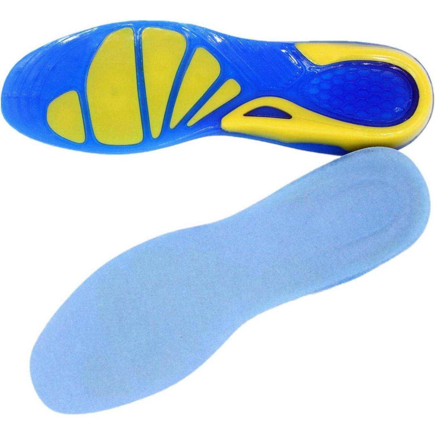 Zwei Einlegesohlen: eine zeigt ein strukturiertes, buntes Design mit blauen, gelben und sechseckigen Mustern; die andere ist einfarbig blau.