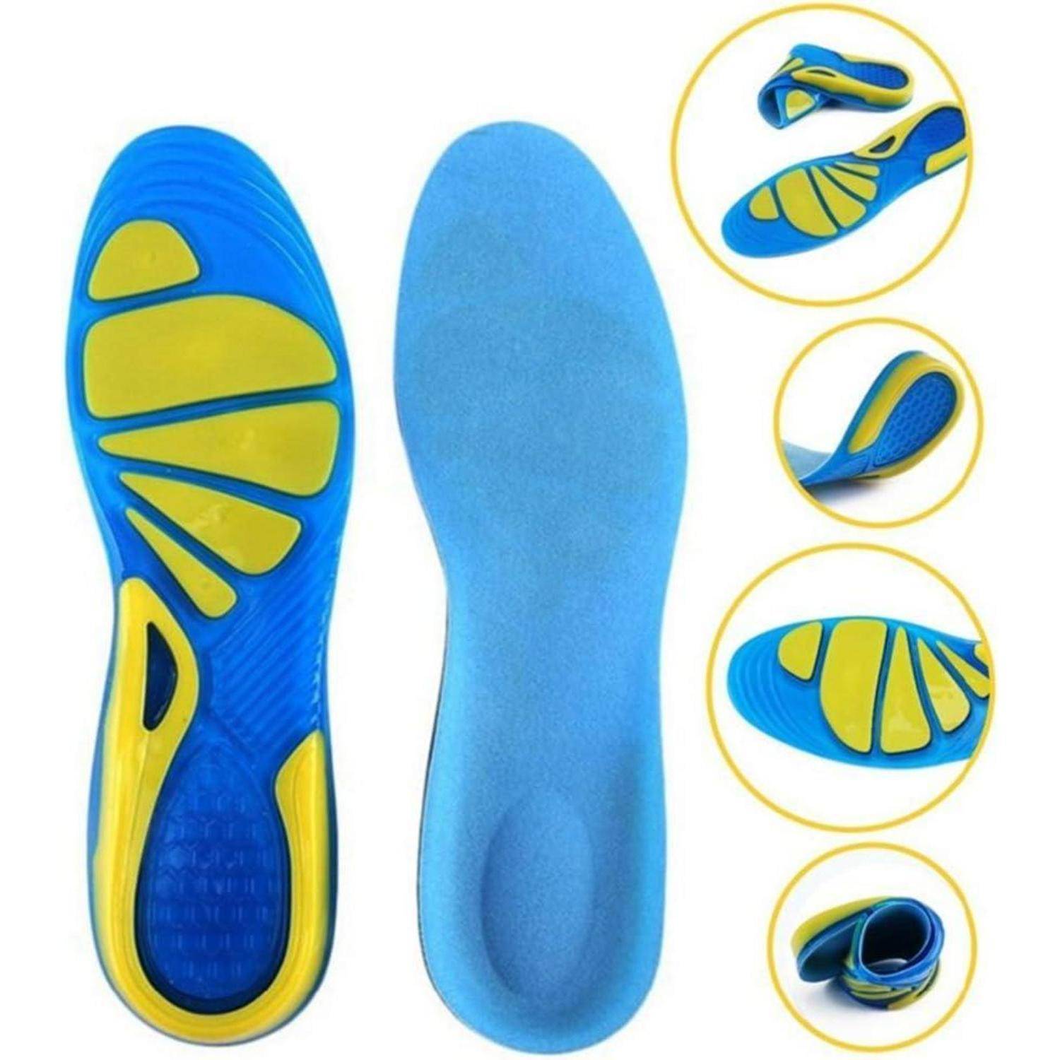Einlagen mit blauer Schaumstoffbasis und gelben Gelabschnitten; enthält detaillierte Ansichten der Fußgewölbeunterstützung und Fersenpolsterung in gelben Kreisen.