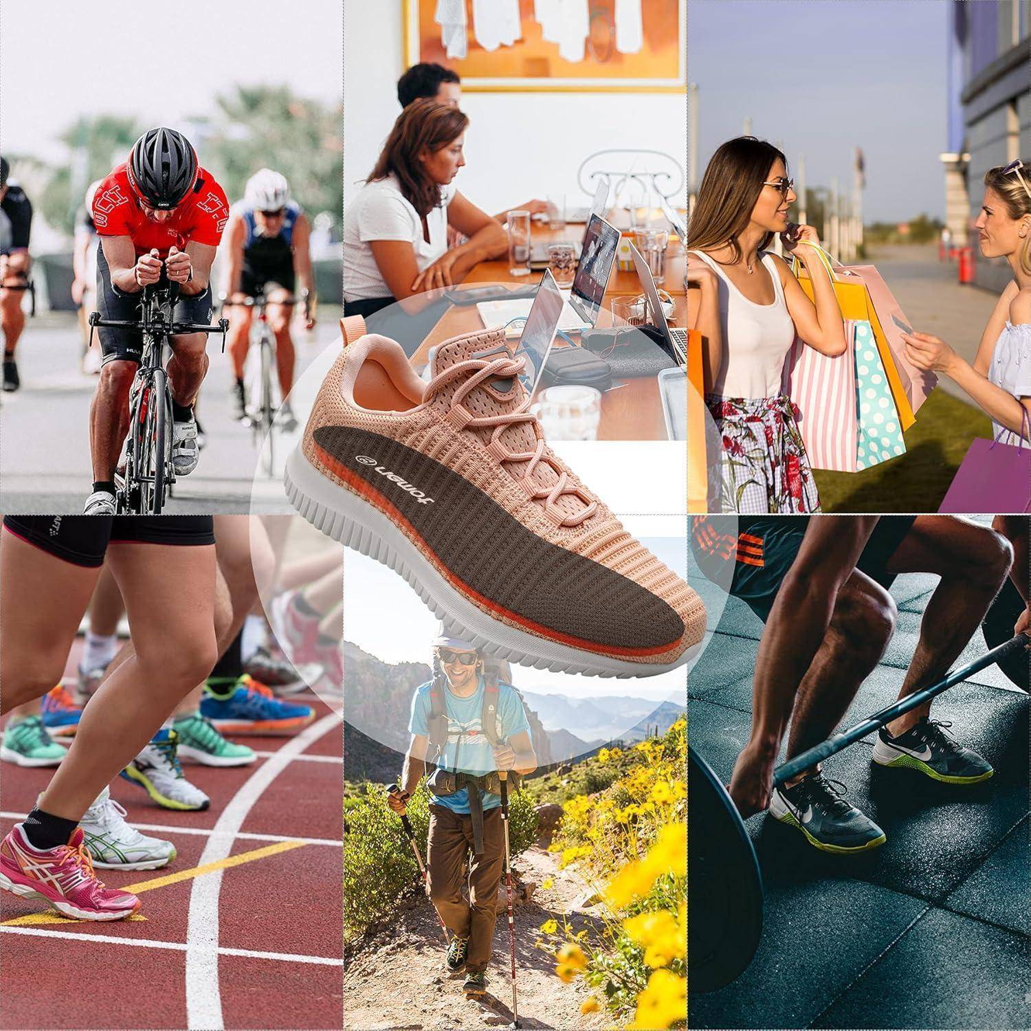 Bildcollage: Radfahrer in einem Rennen; eine Besprechung mit Laptops; Einkäufer mit Taschen; Läufer in einem Wettkampf; Wandern in der Natur; Gewichtheben im Fitnessstudio.