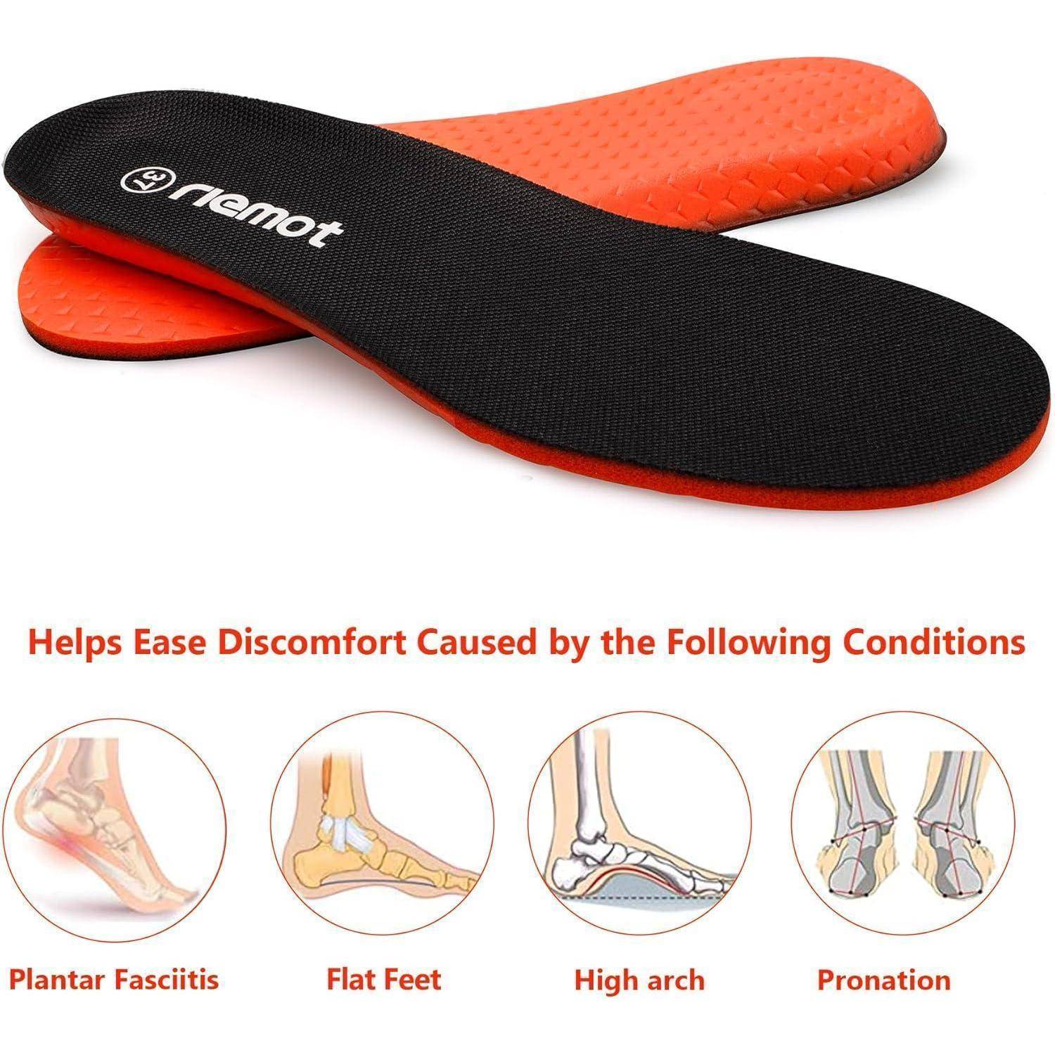 Einlagen, entwickelt zur Linderung von Beschwerden bei Plantarfasziitis, Plattfüßen, Überbein und Überpronation, mit erläuternden Symbolen darunter.