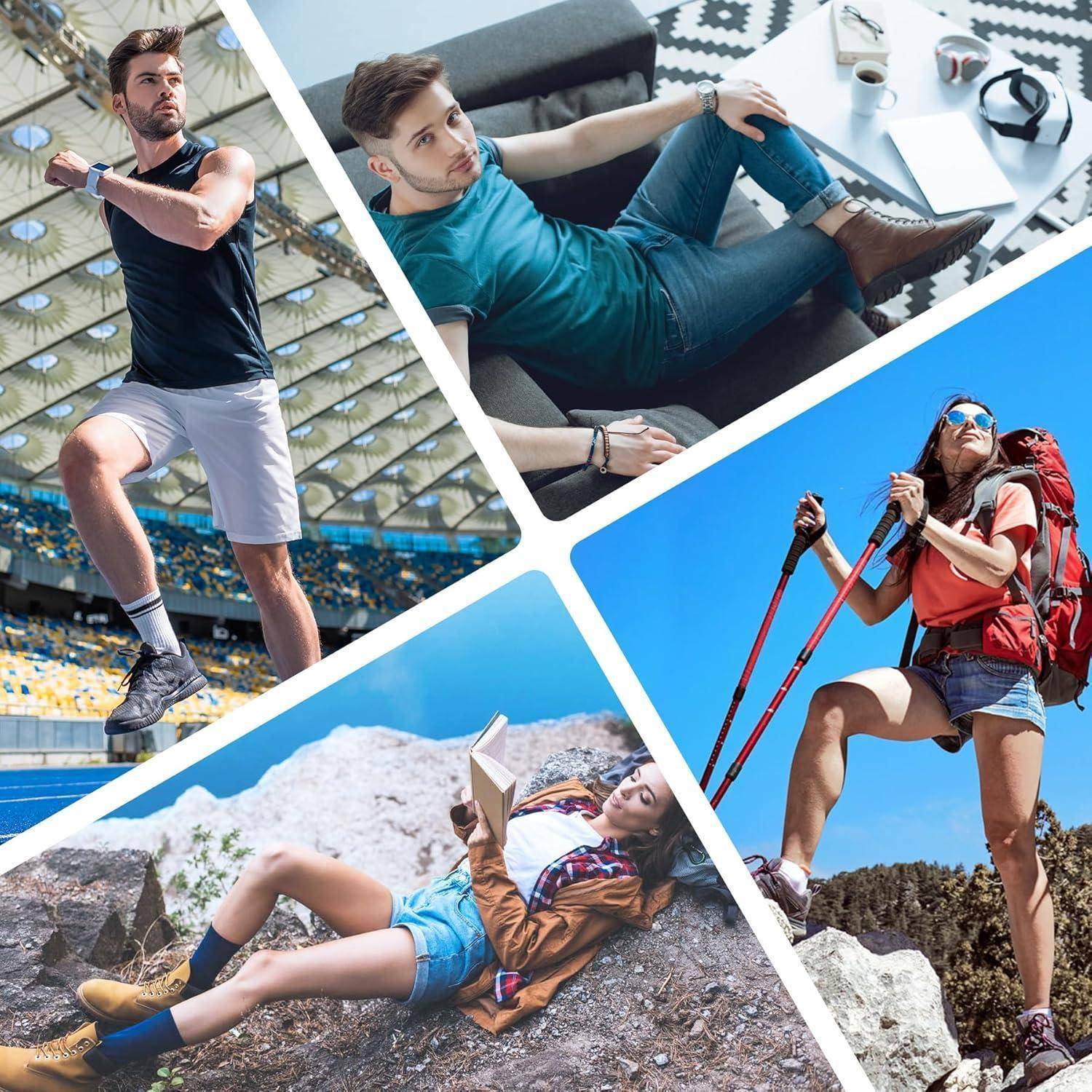 Vier Bilder, die verschiedene Übungen zeigen: eine Person, die in einem Stadion joggt, eine andere, die drinnen trainiert, eine, die mit Stöcken wandert, und eine, die draußen lesend entspannt.