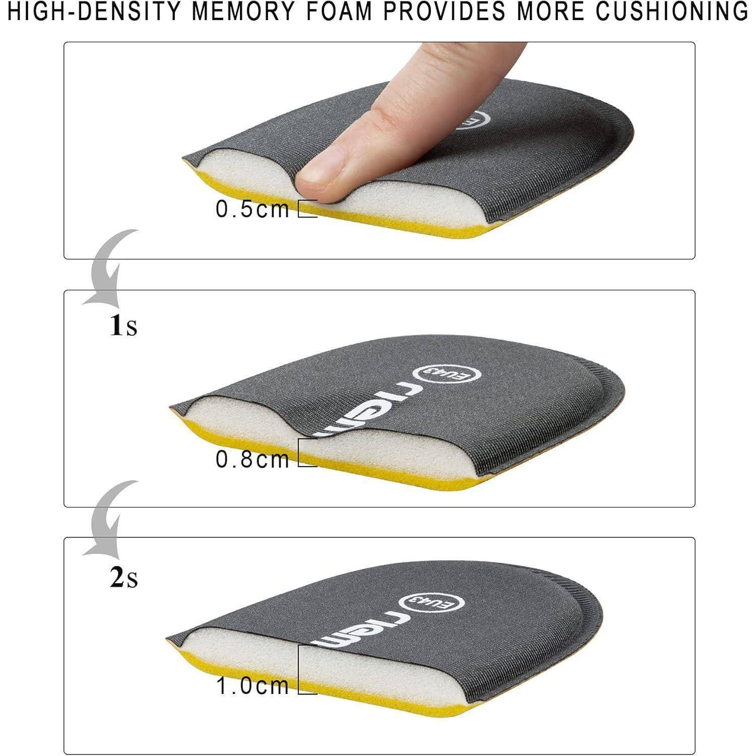 Diagramm, das drei Stadien eines Memoryschaumkissens unter Druck über Zeit zeigt: 0,5 cm bei 0 Sekunden, 0,8 cm bei 1 Sekunde und 1,0 cm bei 2 Sekunden.