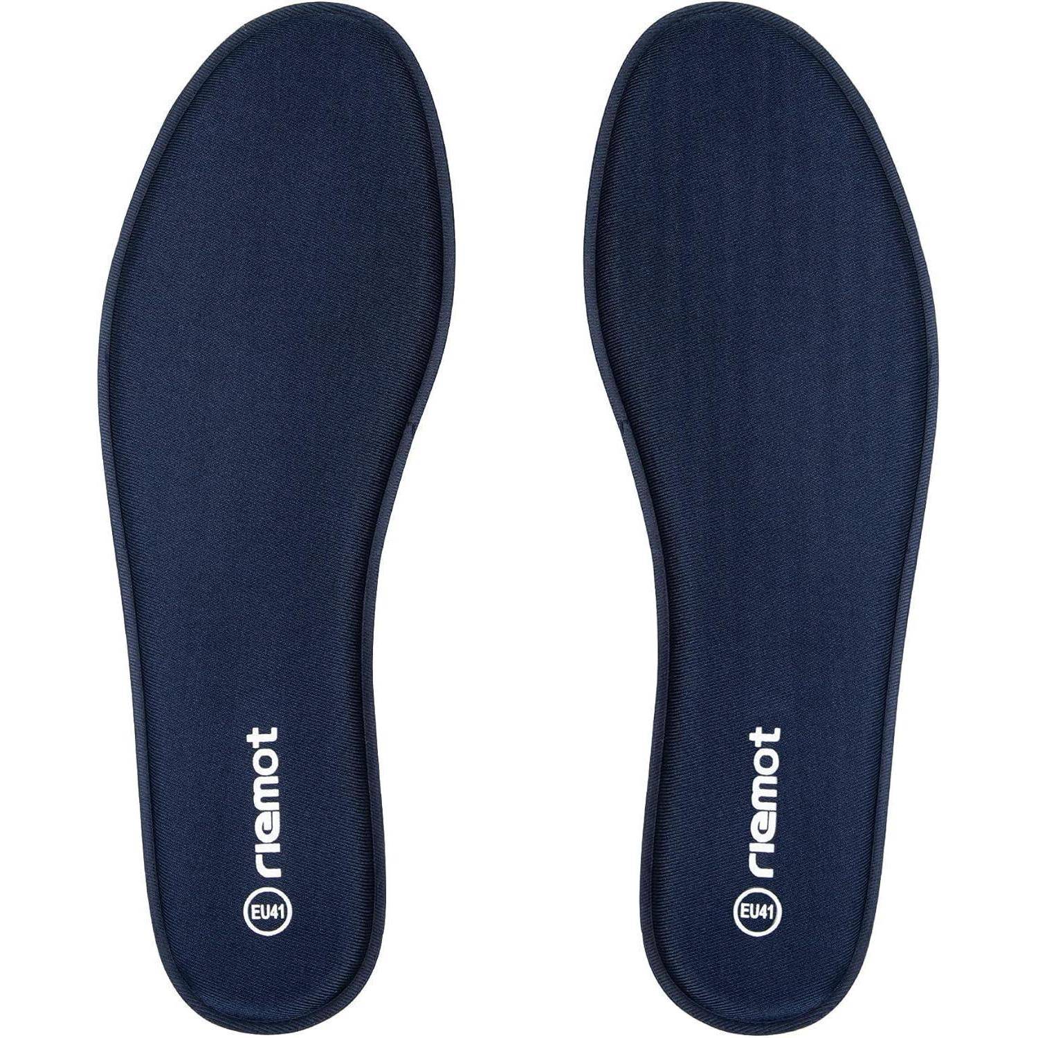 Blaue Einlegesohlen mit Größenmarkierung 'EU 41' und Brandingtextbezeichnung, entwickelt für Schuhkomfort und Unterstützung.