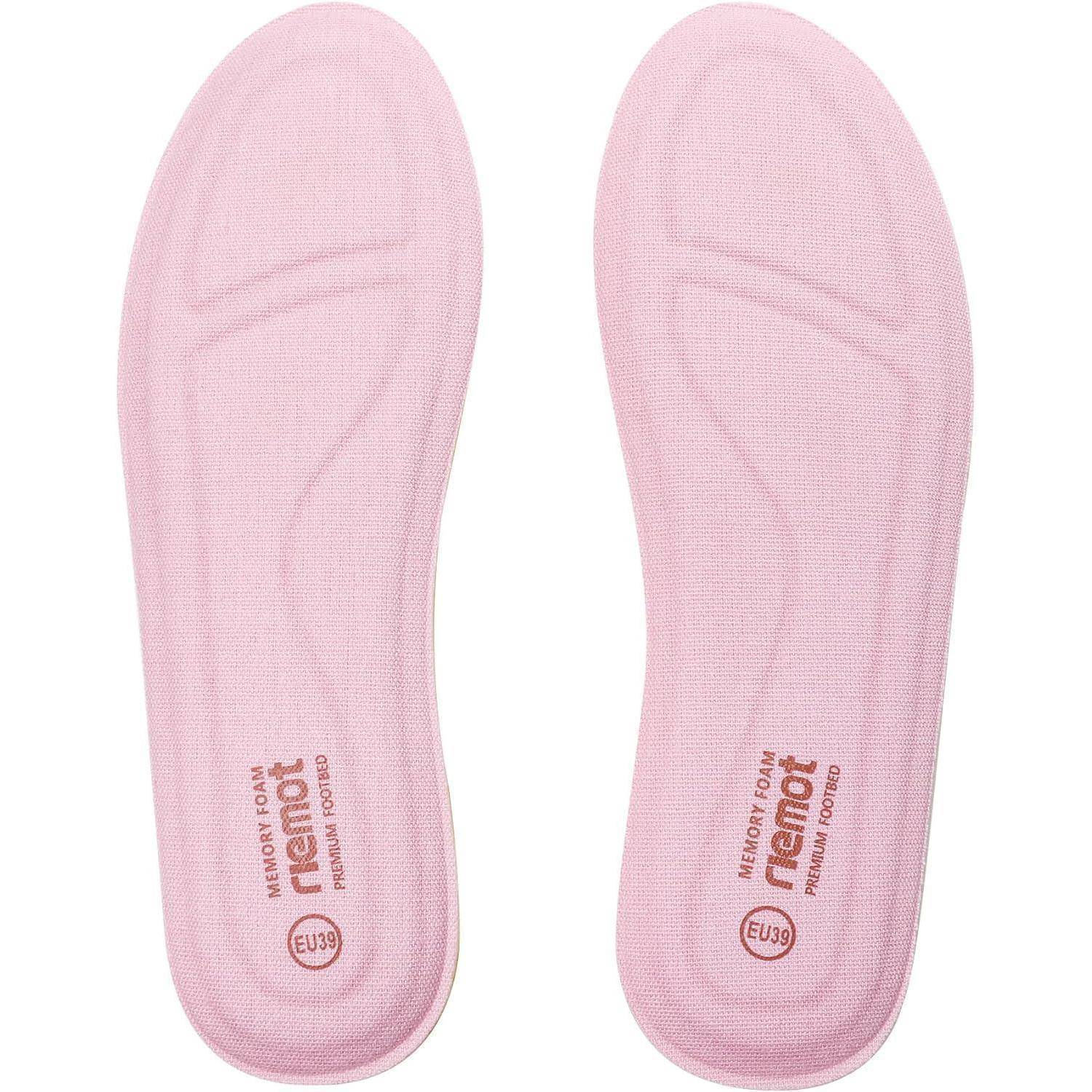 Zwei rosa Memory-Foam-Schuheinlagen mit der Aufschrift 'Memory Foam Insole' und rot markiert mit 'EU 39'.