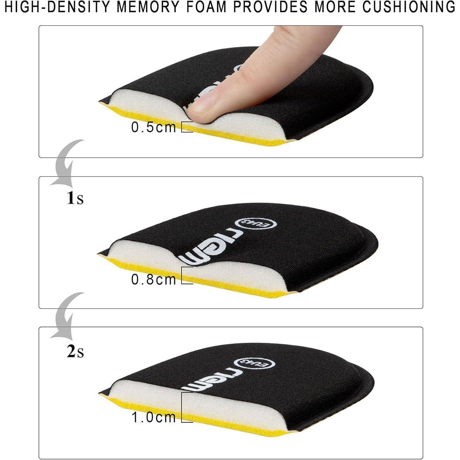 Hochdichter Speicherschaum bietet mehr Polsterung. Drei Panels zeigen einen Finger, der den Schaum bei 0,5 cm, 0,8 cm nach 1 s und 1,0 cm nach 2 s eindrückt.