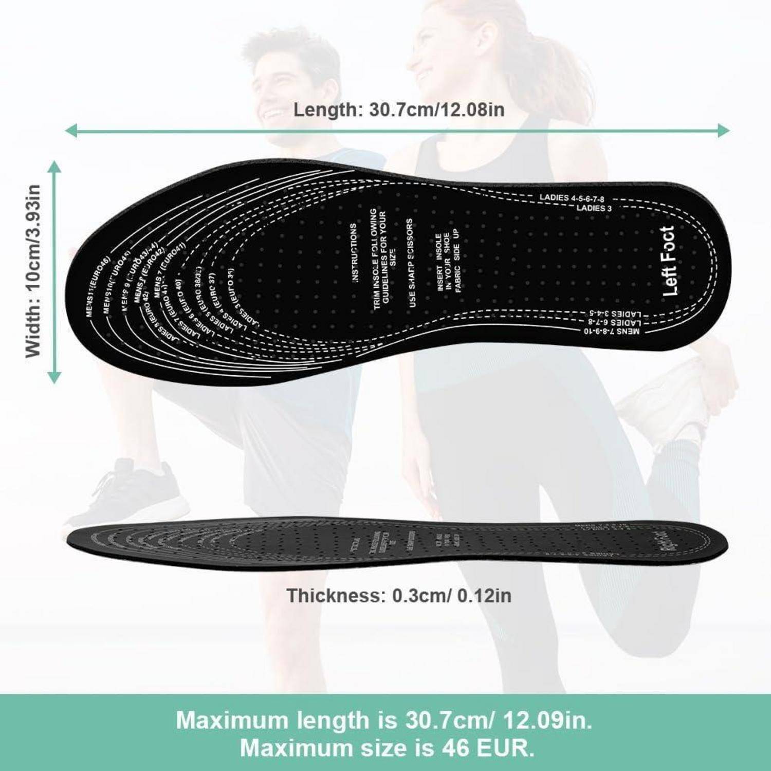 Einlagen mit beschrifteten Maßangaben: Länge 30,7 cm/12,08 Zoll, Breite 10 cm/3,93 Zoll, Dicke 0,3 cm/0,12 Zoll, maximale Größe 46 EUR.