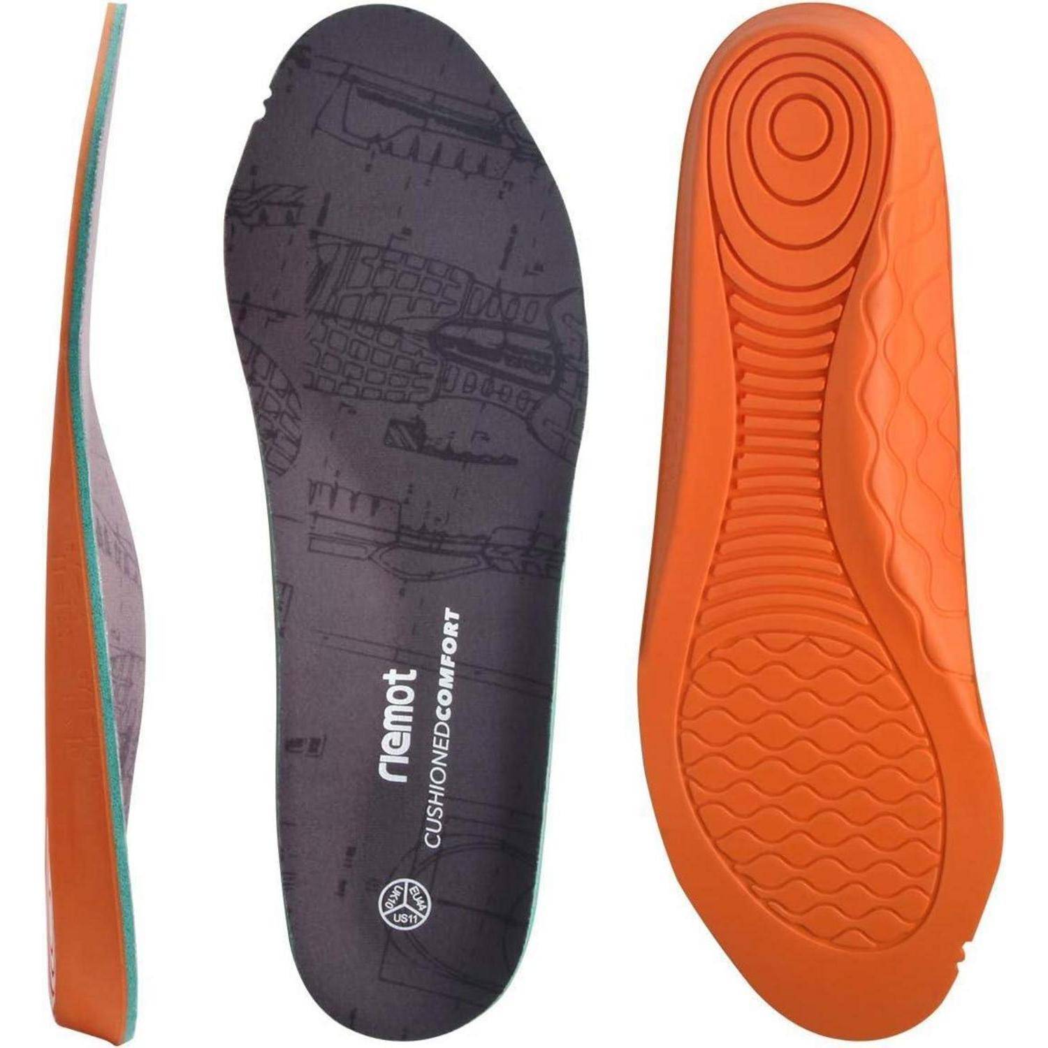 Drei orangefarbene Schuheinlagen; Seitenansicht, Draufsicht mit 'CMCFT CUSHIONEXCOMFORT'-Text und Unteransicht mit strukturierter Sohle.