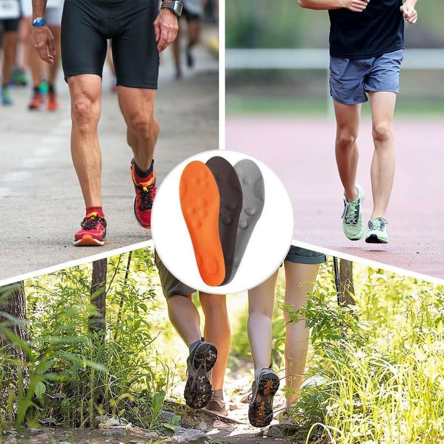 Zwei Bilder zeigen Menschen beim Laufen: eines auf einer Laufbahn und ein anderes auf einem felsigen Pfad. In der Mitte befindet sich ein Bild von orangefarbenen und grauen Einlegesohlen.