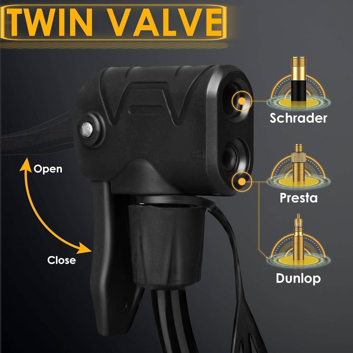 Das Bild zeigt einen Fahrradpumpen-Kopf vom Typ 'Twin Valve' mit Bedienungsanleitung. Er passt für Schrader-, Presta- und Dunlop-Ventile und verfügt über einen Öffnen/Schließen-Hebel.