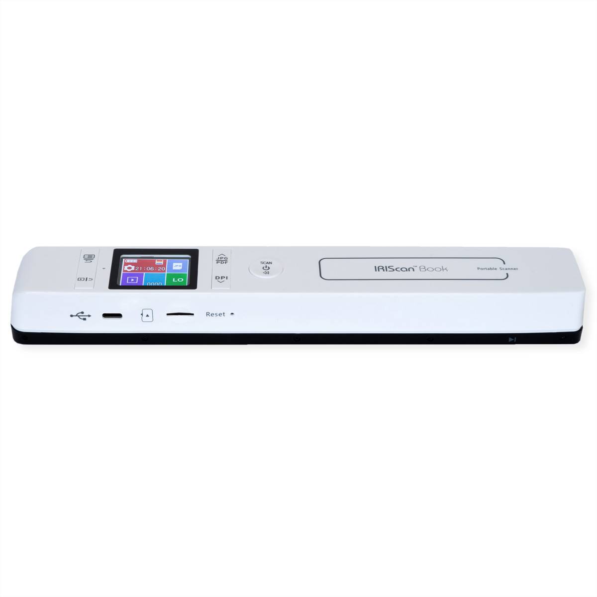 Ein tragbarer weißer Scanner mit digitalem Display, 'IRIScan Book' Branding, USB- und microSD-Kartenanschlüssen, der für das mobile Scannen von Dokumenten verwendet wird.