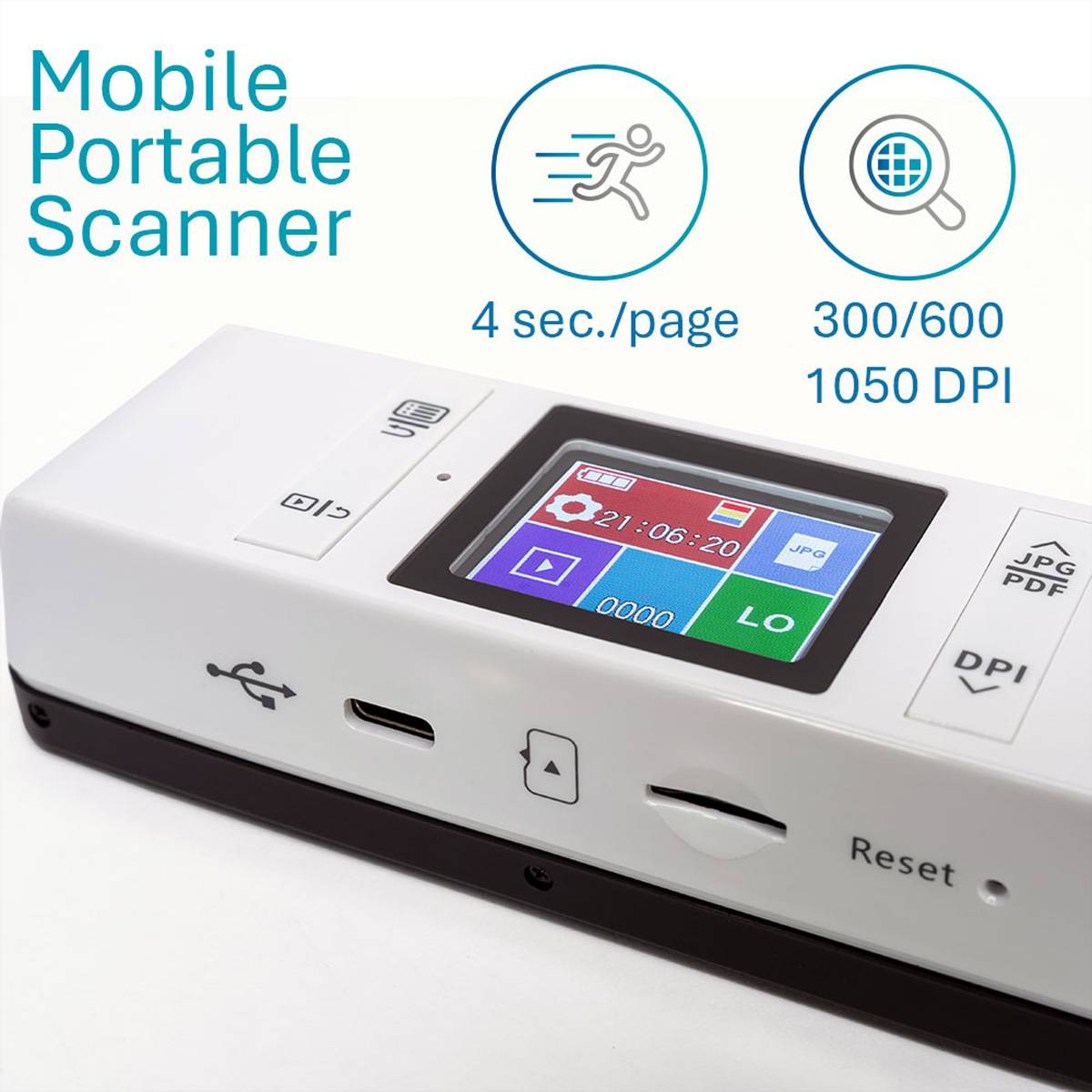 Tragbarer Scanner mit Einstellungen auf dem Bildschirm; Funktionen umfassen 4 Sekunden pro Seite Scannen, Auflösungsoptionen von 300/600/1050 DPI.