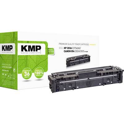 Eine Druckertonerkassette mit Verpackung, beschriftet mit ‚KMP Premium Quality Toner Cartridge' für HP- und Canon-Drucker, mit Betonung auf 36-monatiger Garantie.