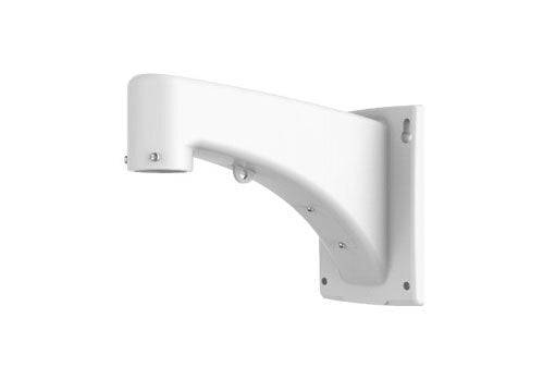 Weiße, geschwungene wandmontierte Konsole oder Arm mit rechteckiger Grundplatte, gezeigt auf einem einfachen weißen Hintergrund.