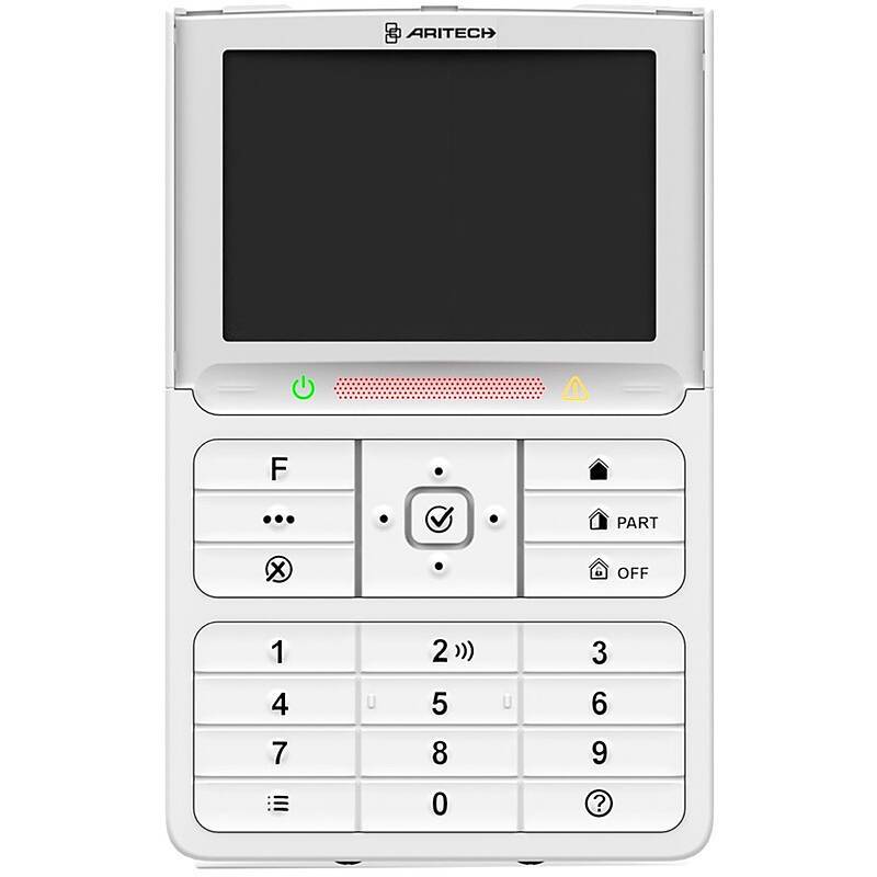 Weißes ARITECH-Sicherheitstastaturfeld mit leerem Display, Statusleuchten, Navigationstasten und numerischer Tastatur zur Steuerung des Alarmsystems.