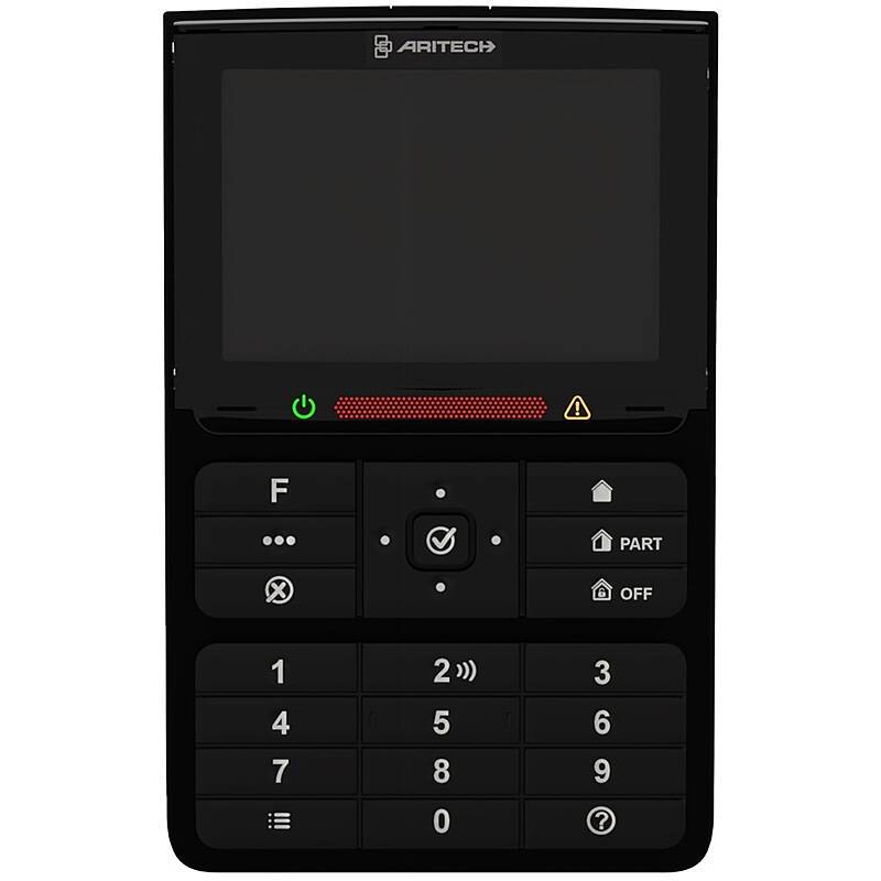 Schwarzes ARITECH-Sicherheitstastaturfeld mit leerem Display, Statusleuchten, Navigationstasten und numerischer Tastatur zum Aktivieren und Deaktivieren von Alarmen