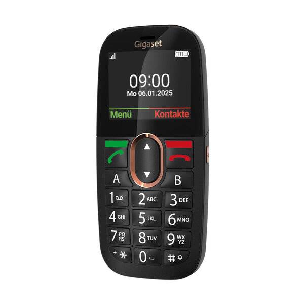 Schwarzes Gigaset Schnurlostelefon mit Display, das 09:00, Datum Mo 06.01.2025 anzeigt, sowie Softkeys mit den Bezeichnungen „Menü