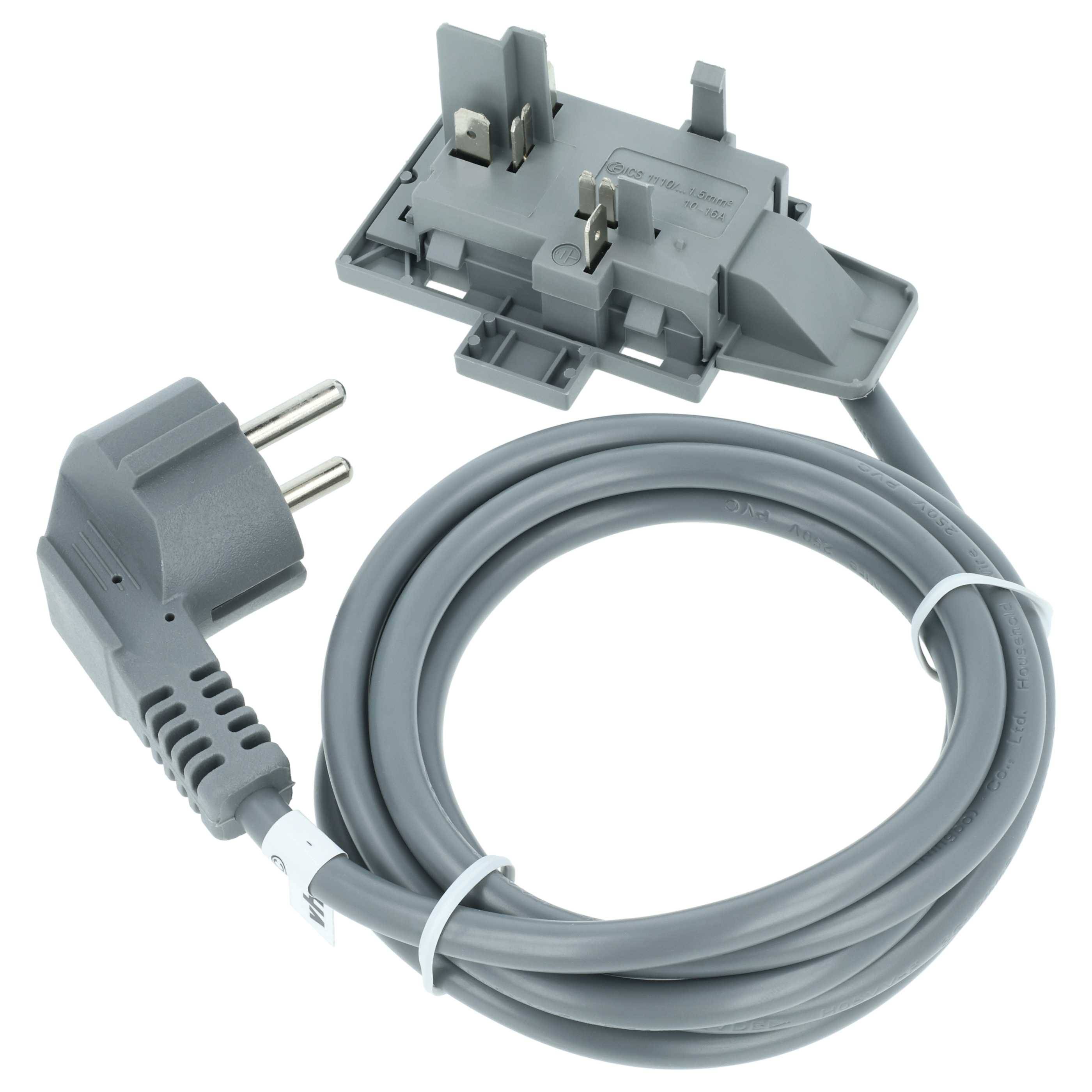 Ein grauer Netzkabel mit einem Stecker und einem klippartigen Halter, aufgewickelt und mit einem weißen Kabelbinder gesichert.