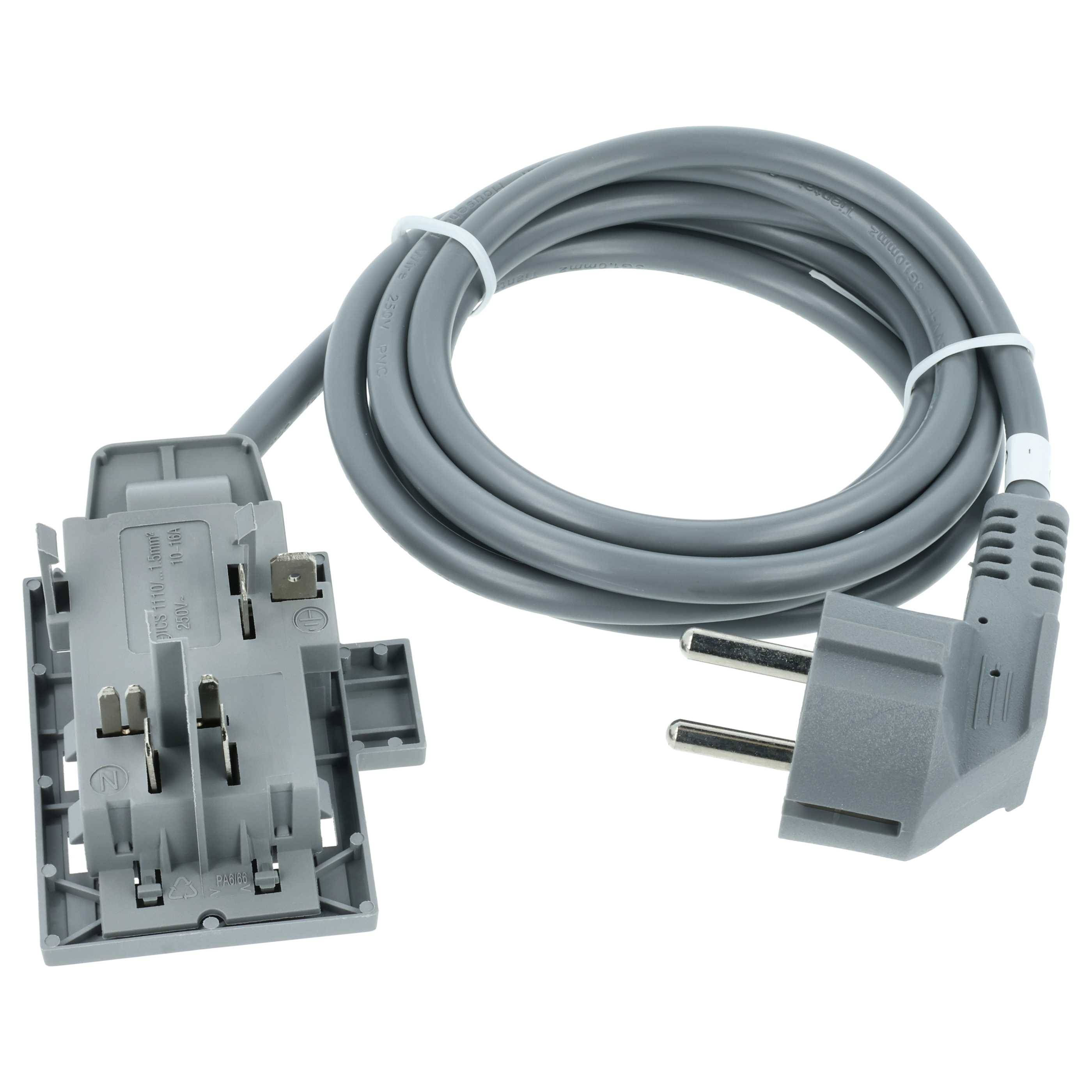 Ein grauer elektrischer Kabel mit einem Zweipol-Stecker wird zusammen mit einer passenden Wandhalterung gezeigt.
