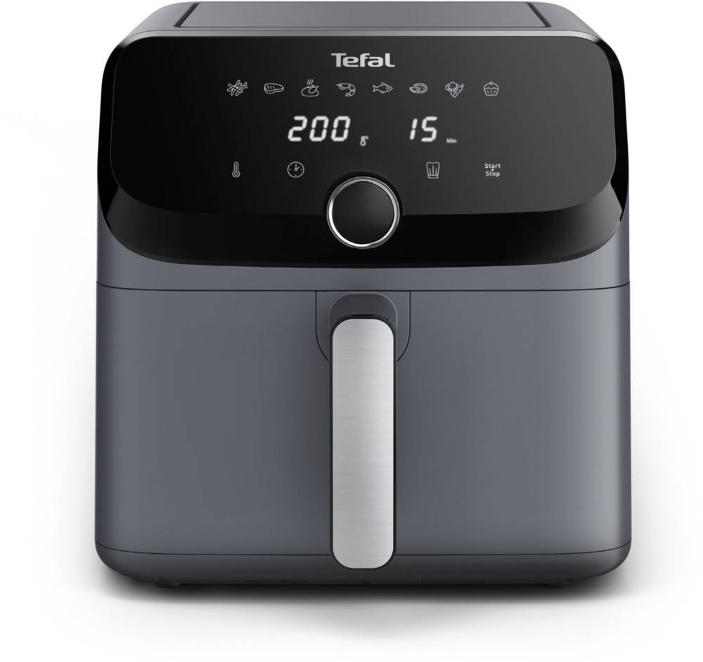 Schwarze Tefal-Heißluftfritteuse Frontansicht mit digitaler Anzeige, die 200°C und 15 Min anzeigt, zentrales Bedienrad und Griffleiste