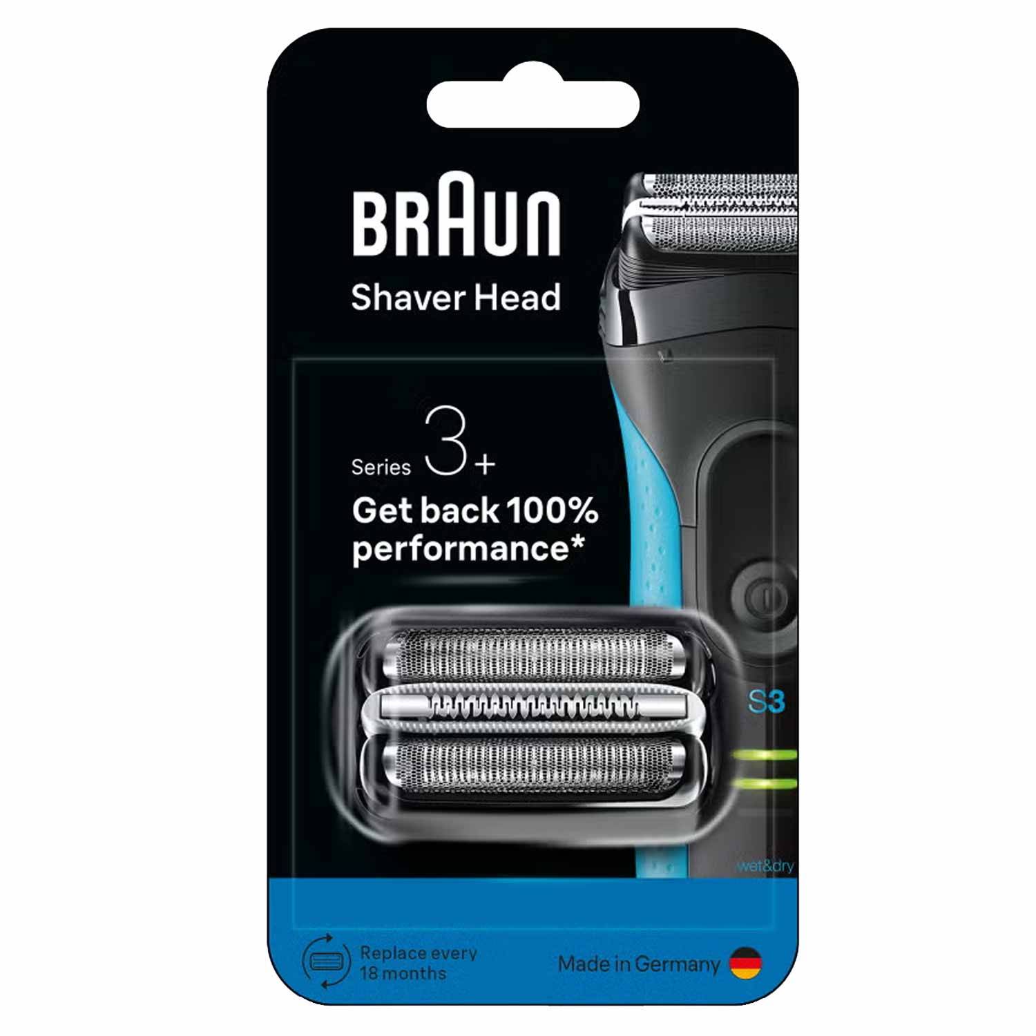 Rasierkopf-Paket der Braun Series 3, verspricht ‚Zurück zu 100% Leistung'. Mit auswechselbarer Scherfolie und Schereinheit. Made in Germany.