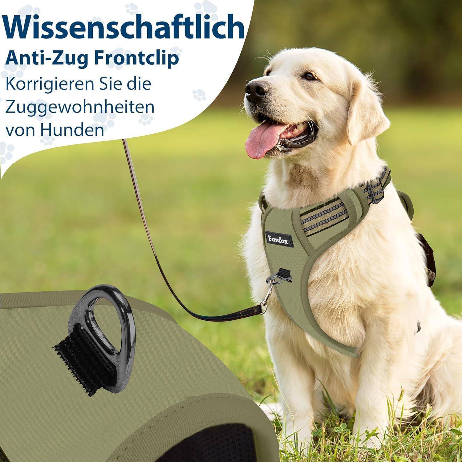 Ein Hund, der ein Anti-Zug-Geschirr mit Brustclip der Marke ‚FeelFox' trägt, sitzt auf Gras. Der Text bewirbt das Geschirr zur Korrektur von Ziehverhalten.