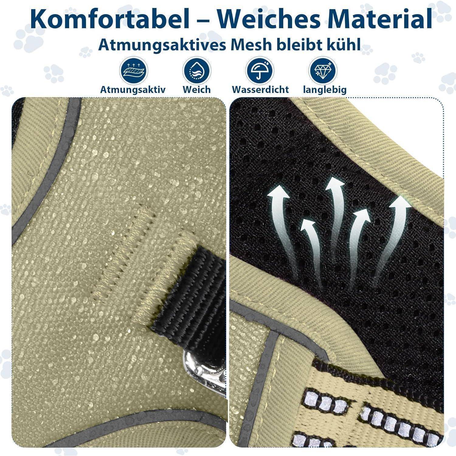 Eine Nahaufnahme eines Hundegeschirrs, die atmungsaktives Maschenstoff zeigt. Icons symbolisieren Atmungsaktivität, Weichheit, Wasserdichtigkeit und Langlebigkeit.