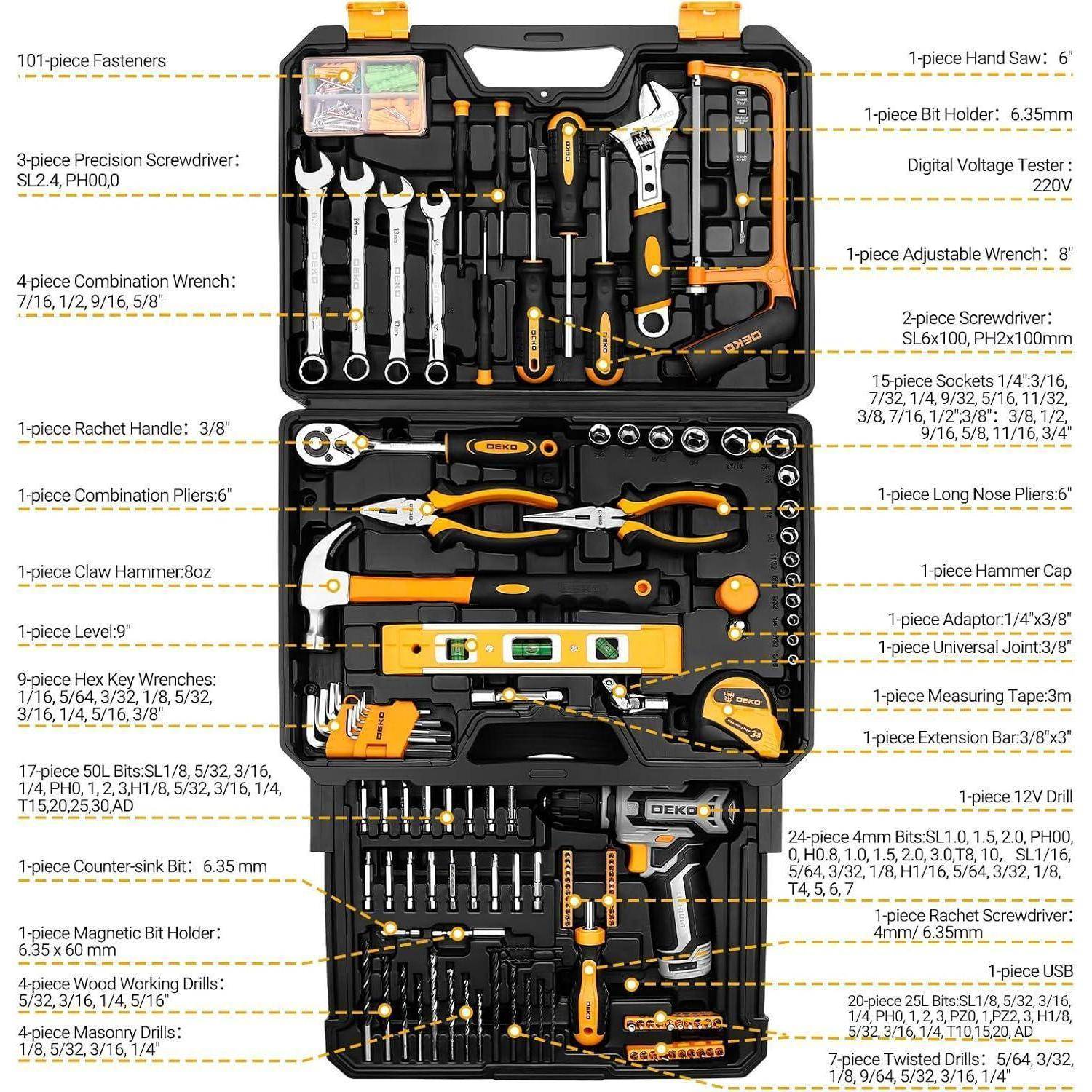 Werkzeugset in einem schwarzen und orangefarbenen Koffer enthält Schraubenschlüssel, Zangen, Schraubendrehereinsätze, Hammer, Säge, Maßband, Wasserwaage und Spannungsprüfer.