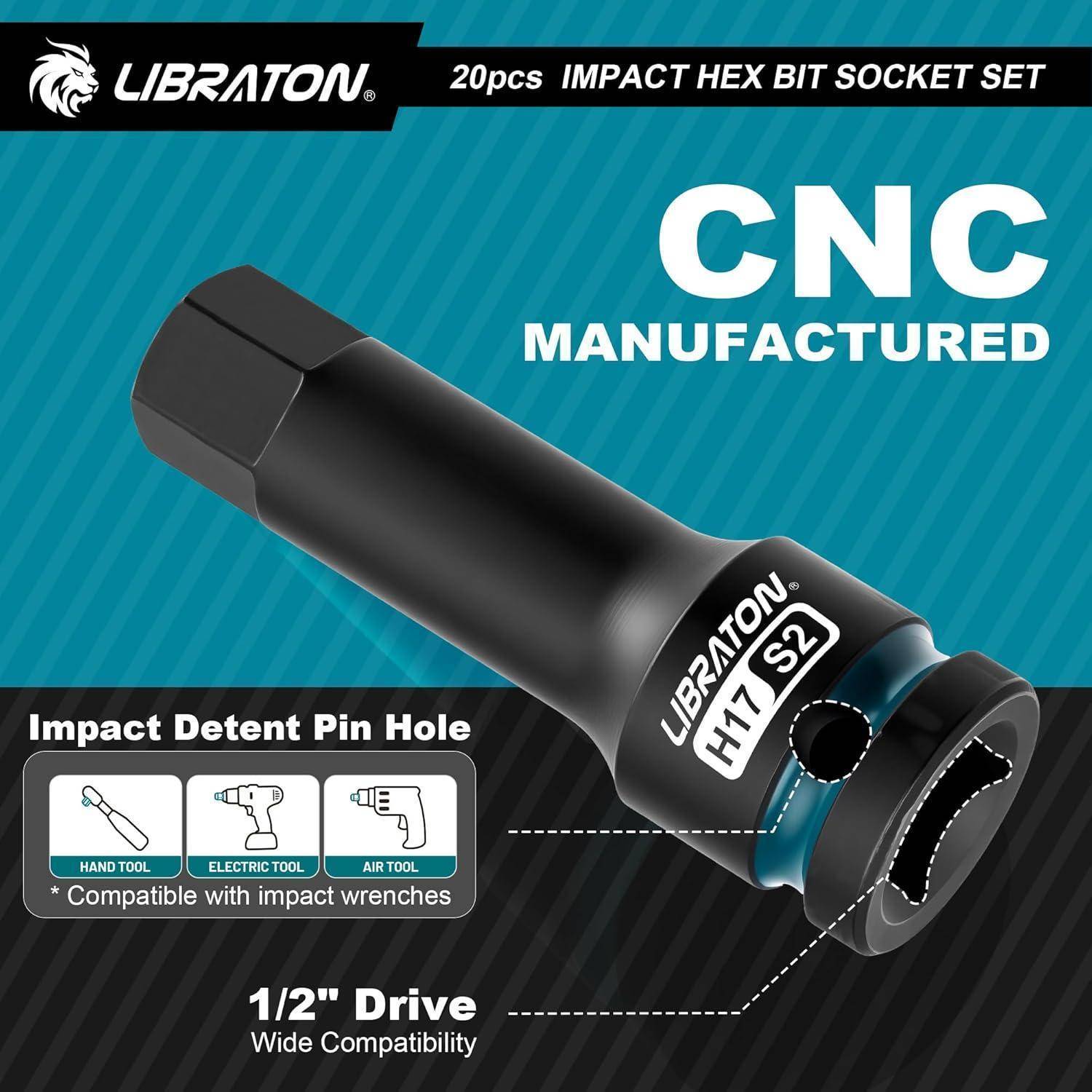 Libraton 20-teiliges Impact-Sechskant-Bit-Steckschlüssel-Set, CNC-gefertigt, Größe H17, 1/2