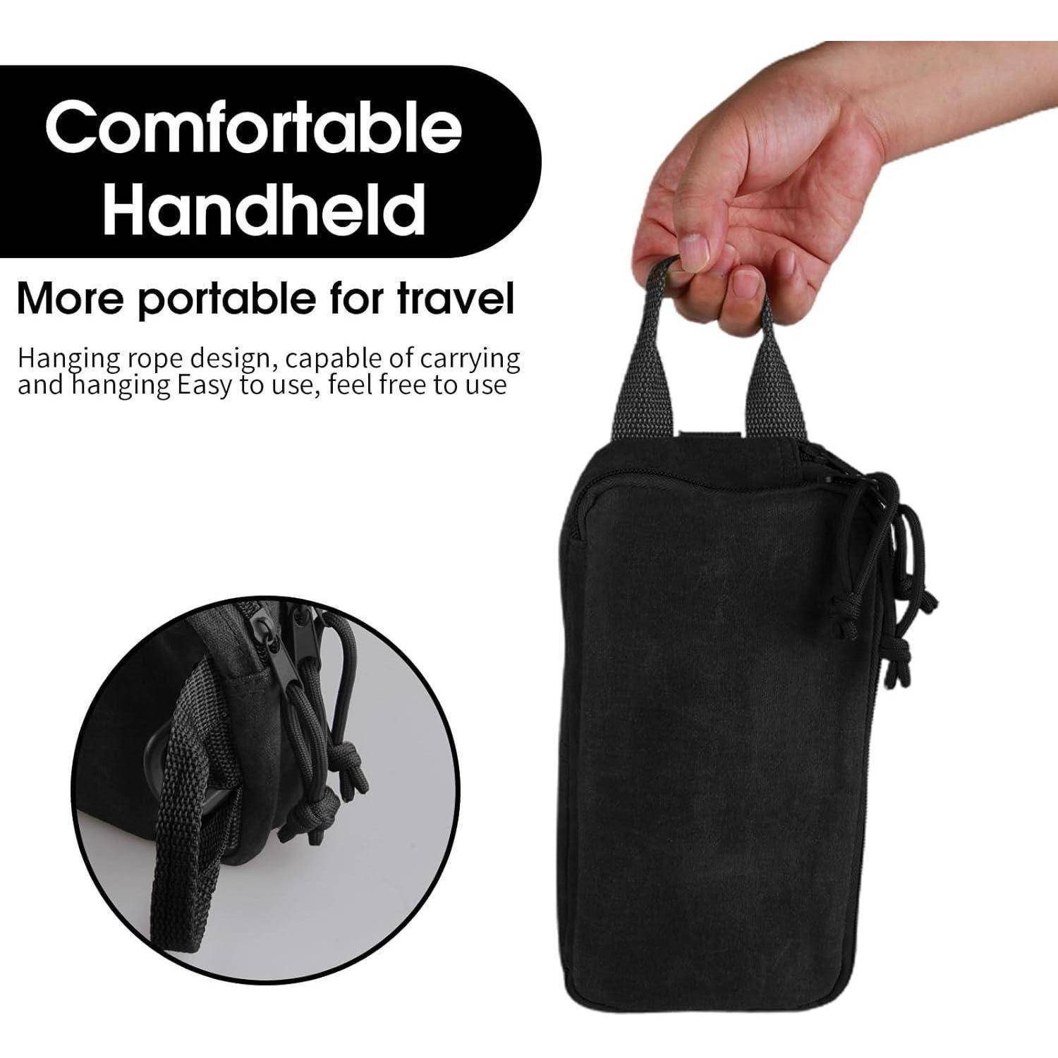 Eine Hand hält eine schwarze tragbare Tasche an ihrem Trageriemen. Der Text liest sich 
