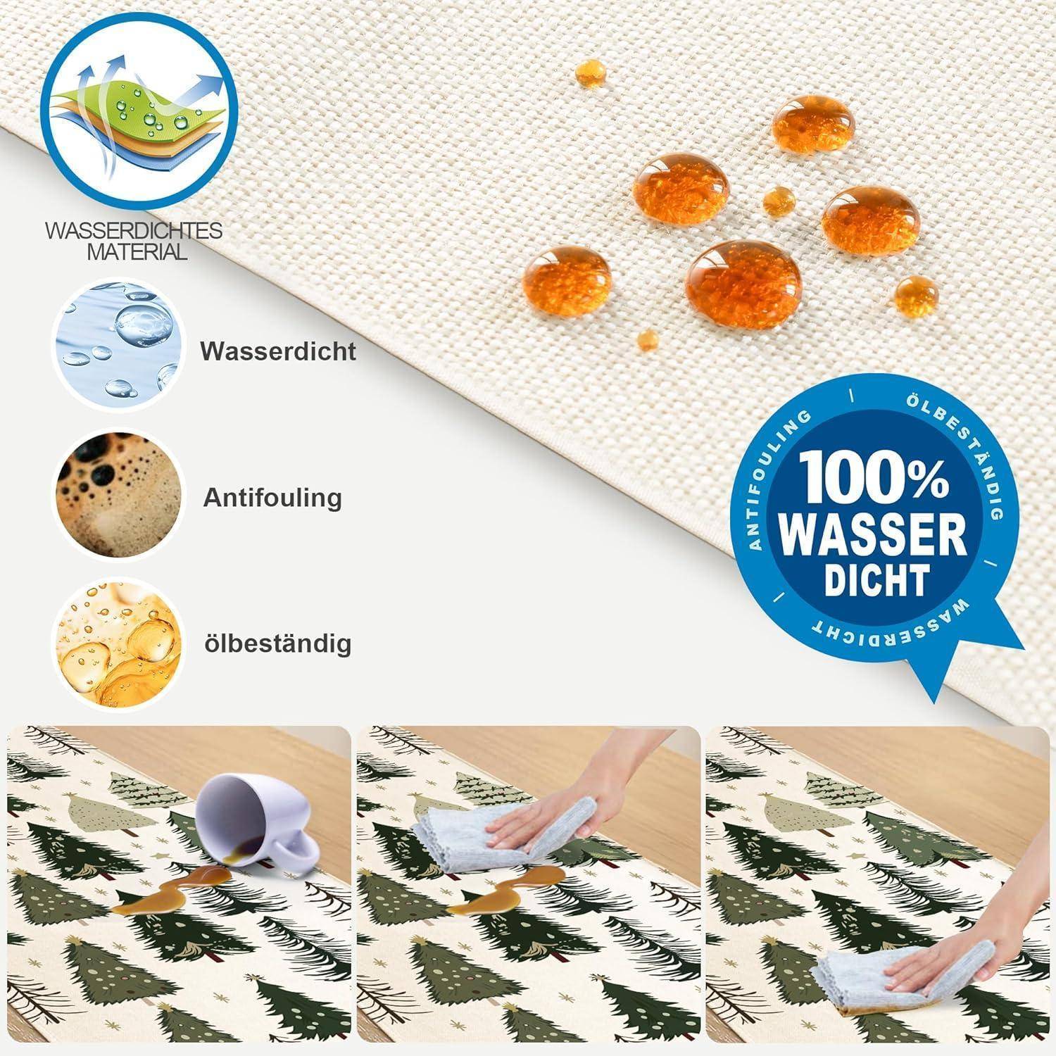 Bild zeigt wasserabweisendes Material mit Wassertropfen. Hervorgehobene Merkmale sind 'Wasserdicht', 'Antifouling', 'Ölbeständig' und eine Vorführung der einfachen Reinigung auf einem weihnachtlich gestalteten Teppich.