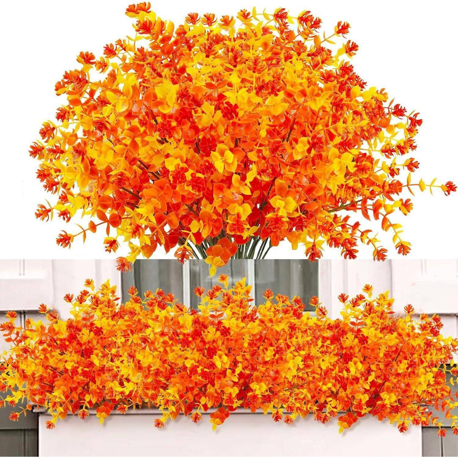 Ein lebendiger Blumenstrauß aus orangefarbenen und gelben Blumen, in einer Vase vor einem weißen Hintergrund angeordnet, der eine warme und fröhliche Atmosphäre schafft.