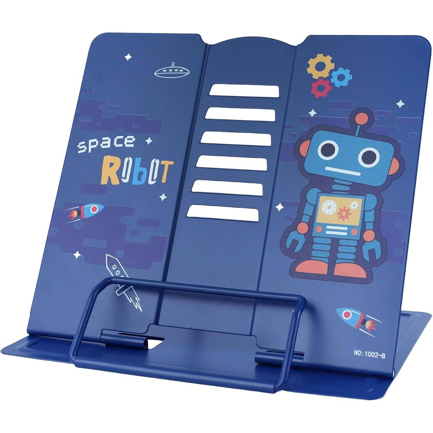 Ein blauer verstellbarer Buchständer mit einer Zeichentrick-Weltraum-Roboter und Raketen, mit dem Text 