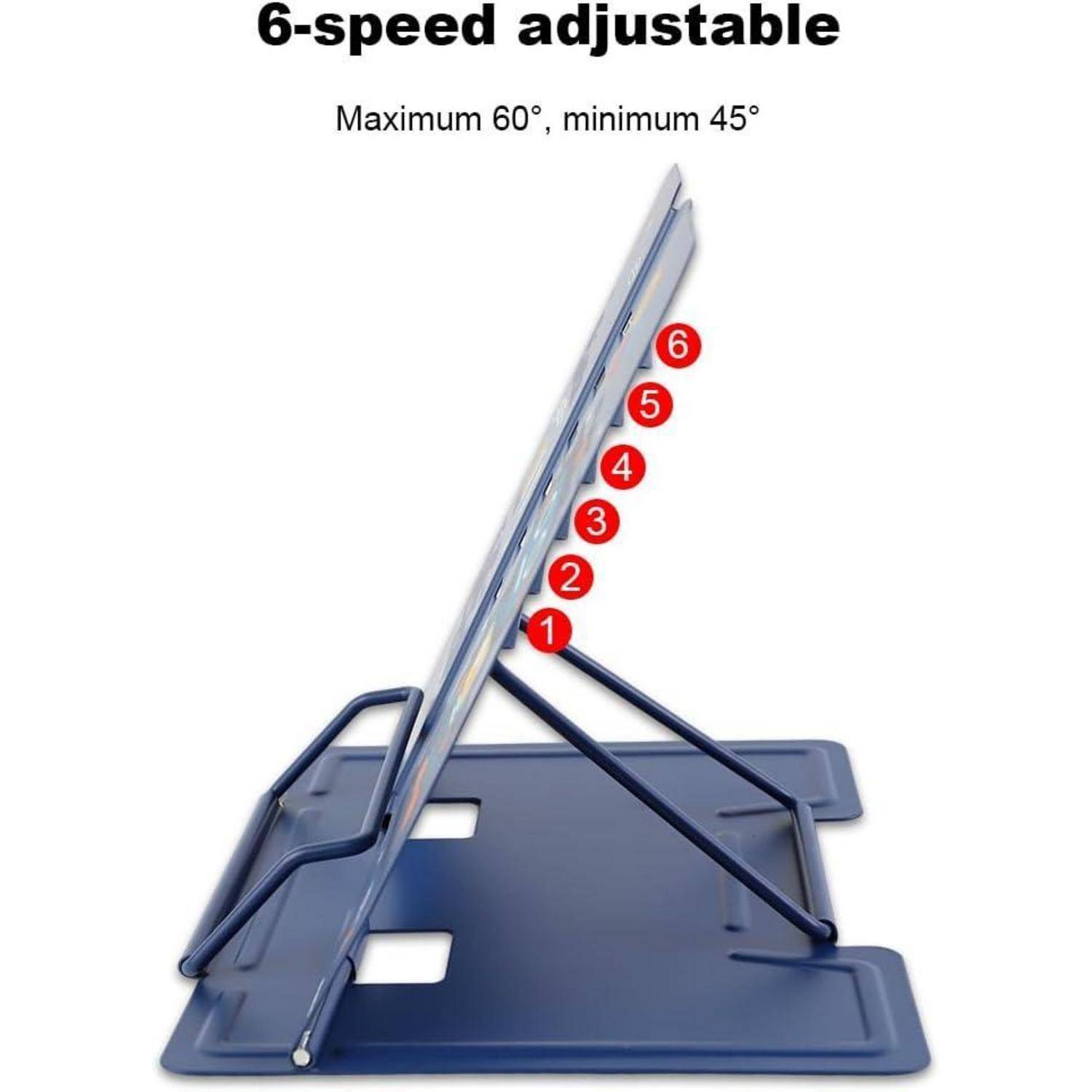 6-stufiger verstellbarer ergonomischer Ständer mit nummerierten Positionen, die Winkel von 45 bis 60 Grad anzeigen, für Tablets oder Bücher.