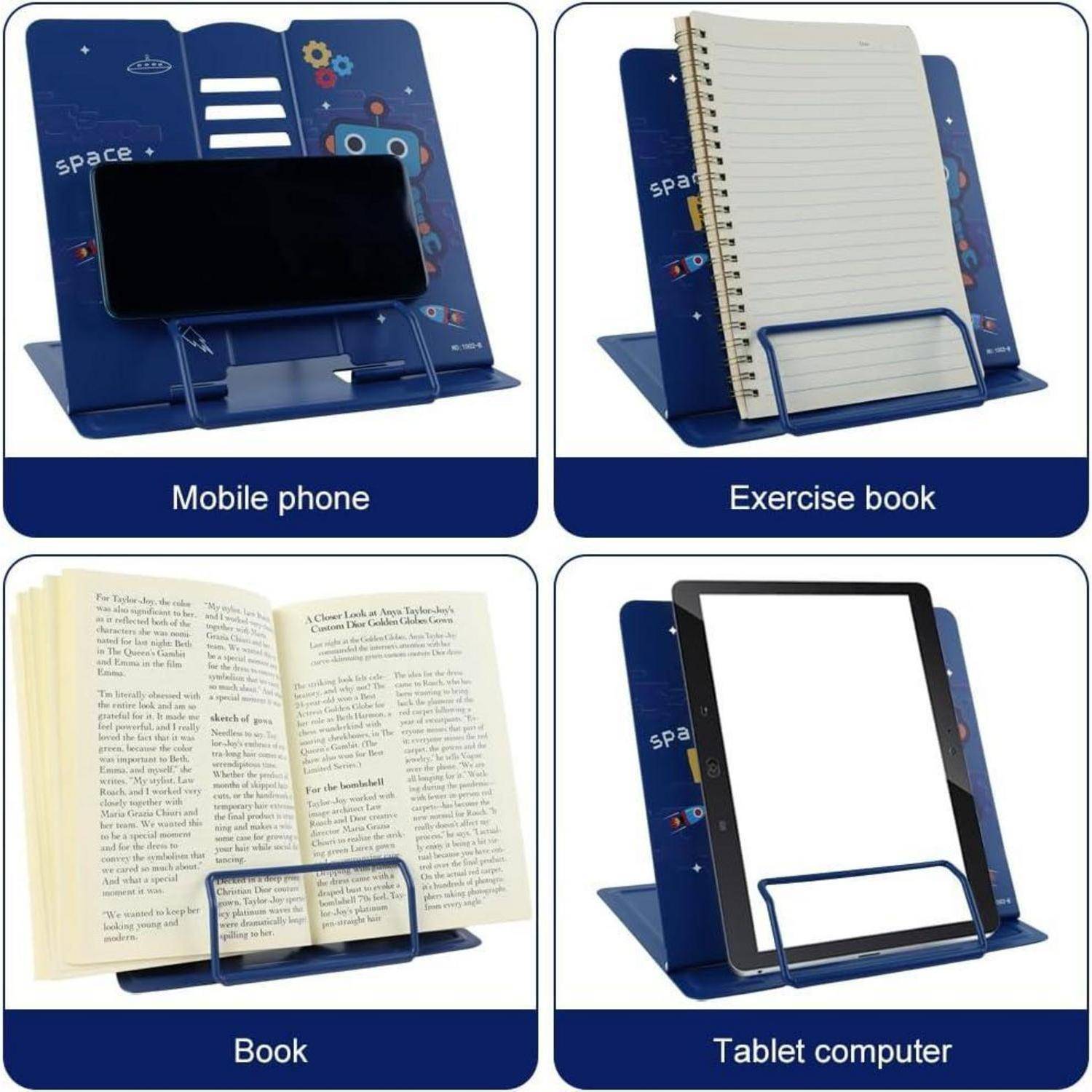 Vier blaue Buchständer, die ein Mobiltelefon, ein Übungsheft, ein offenes Buch und einen Tablet-Computer halten, jeweils entsprechend beschriftet.