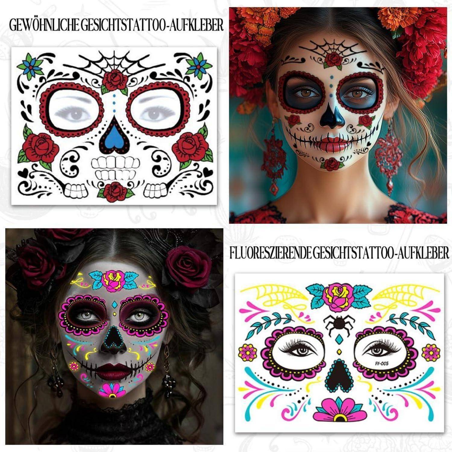 Zwei Frauen mit Día de los Muertos Gesichtsbemalung, umgeben von Rosen und bunten Mustern. Der Schriftzug oben lautet 