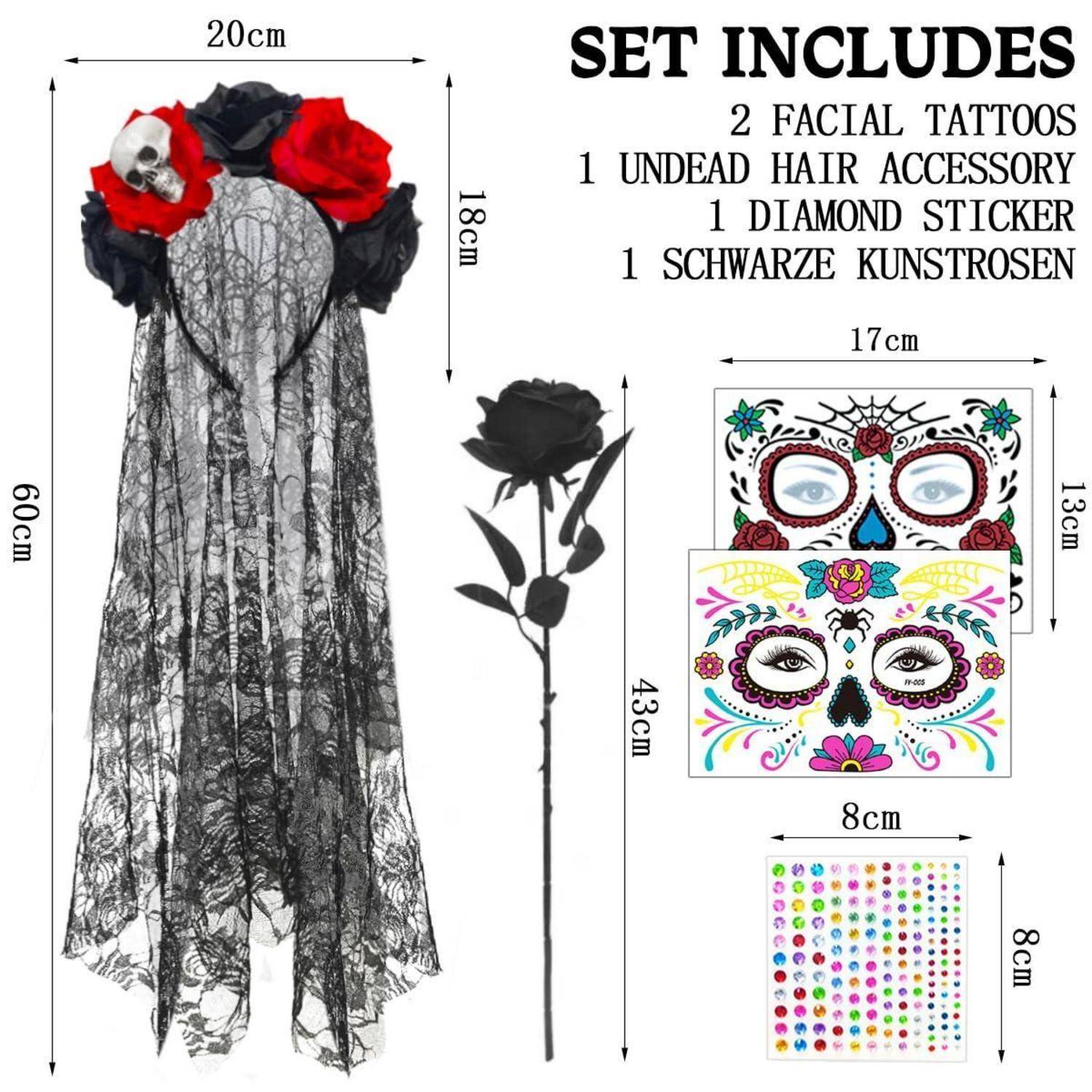 Set enthält: 2 Gesichtstattoos, 1 Zombie-Haaraccessoire, 1 Diamant-Sticker, 1 schwarze Kunstrosen. Abbildung zeigt detaillierte Spitzenumhang und schwarze Rose.