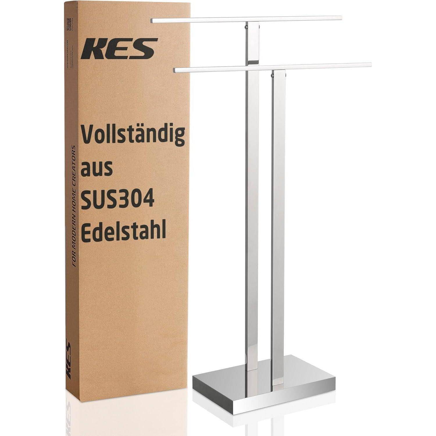 Ein freistehender Handtuchhalter aus Edelstahl neben einer Kartonbox mit der Aufschrift „Vollständig aus SUS304 Edelstahl