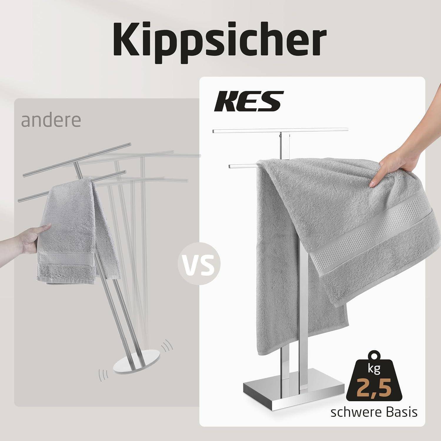 KES Handtuchhalter mit schwerem Standfuß für Stabilität, im Vergleich zur leichteren Basisvariante. Text hebt 2,5 kg schwere Basis hervor.