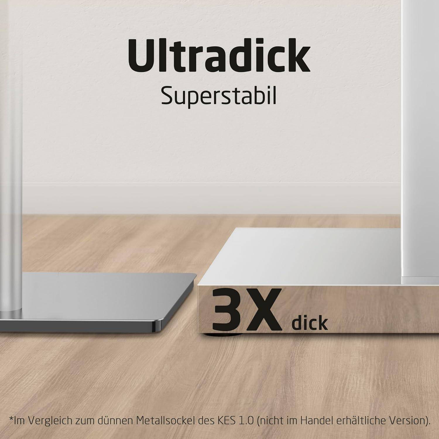 Das Bild zeigt einen Basevergleich von zwei Metallständern mit Beschriftungen. Der linke Ständer ist dünn, und der rechte ist mit „3X dick