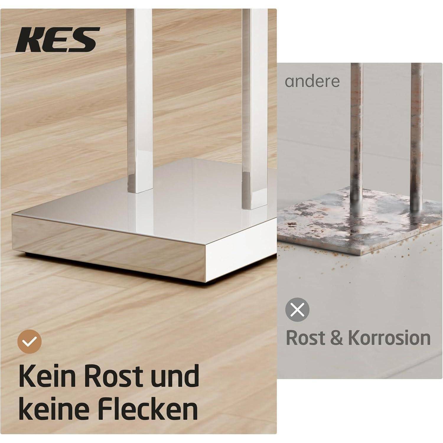 KES Duschablage mit Edelstahl-Finish; mit dem Etikett 'Kein Rost und keine Flecken', das die rostbeständige Qualität zeigt. Vergleichendes Einsatzbild zeigt ein rostiges Produkt mit 'Rost & Korrosion'.