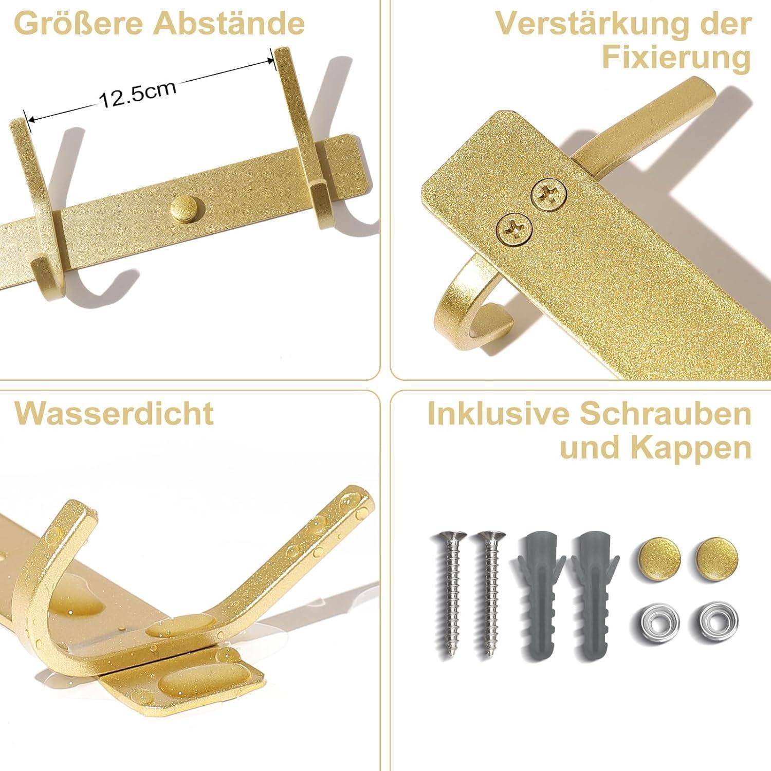 Goldene Wandhakenhalterung mit 12,5 cm Abstand und inklusive Schrauben. Enthält Details zur Wasserdichtigkeit und Stabilität.