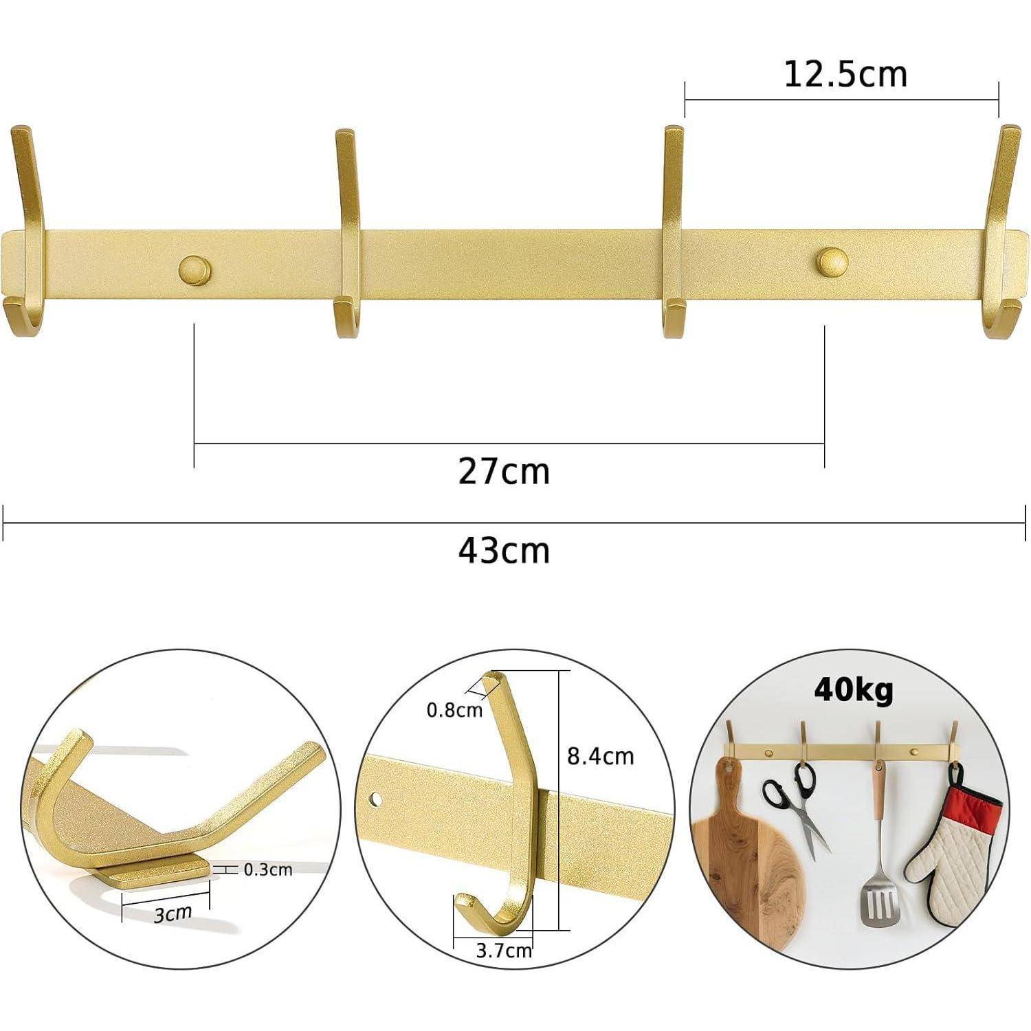 Goldener Wandhaken mit vier Haken. Abmessungen: 43 cm breit, Abstände zwischen den Haken 12,5 cm. Tragfähigkeit bis zu 40 kg. Detailansicht der einzelnen Haken.